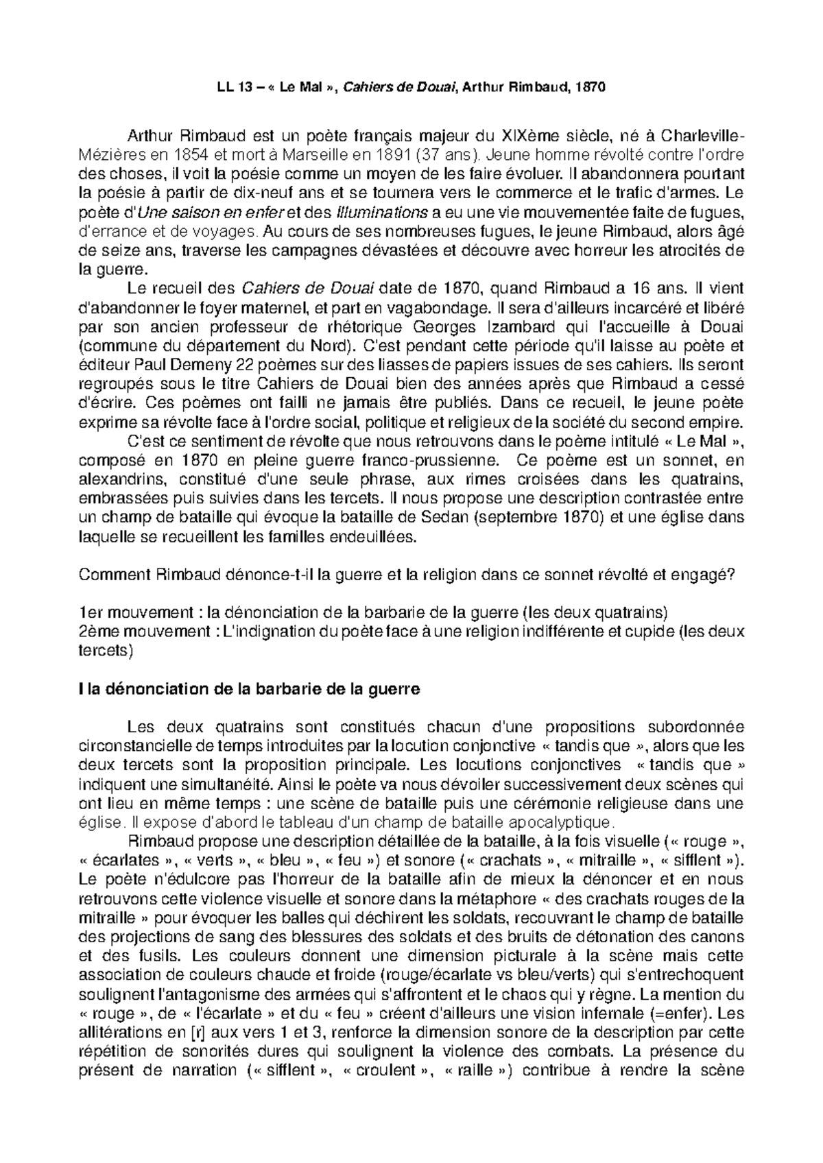 LL13 Le Mal2 lecture lineaire LL 13 « Le Mal », Cahiers de Douai, Arthur Rimbaud, 1870