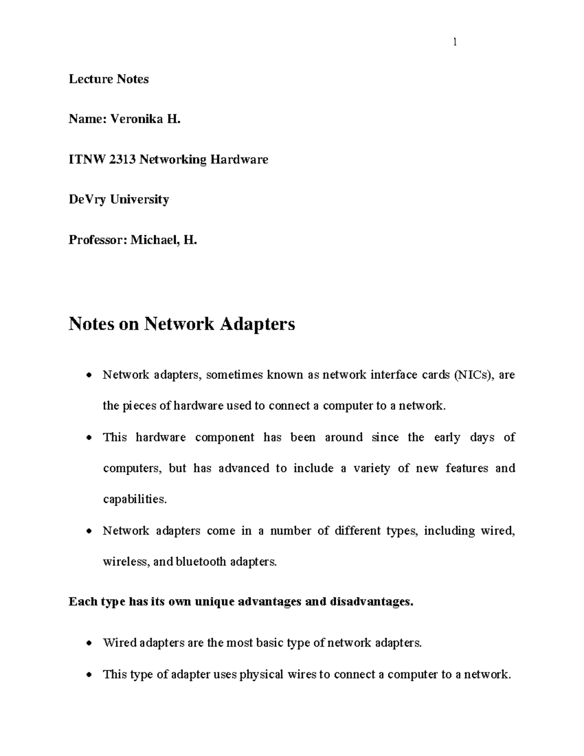 Notes on Network Adapters Lecture Notes Name Veronika H. ITNW 2313