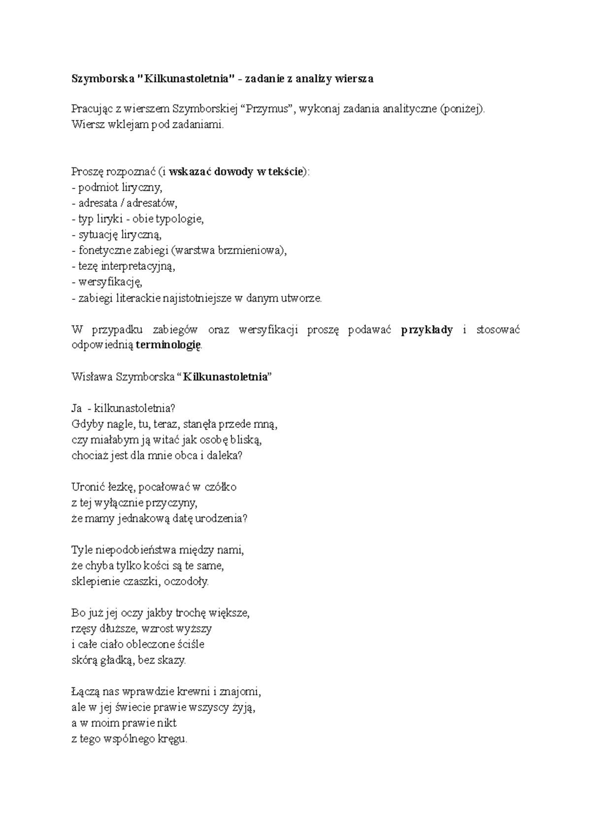 Szymborska Kilkunastoletnia - analiza wiersza - Szymborska
