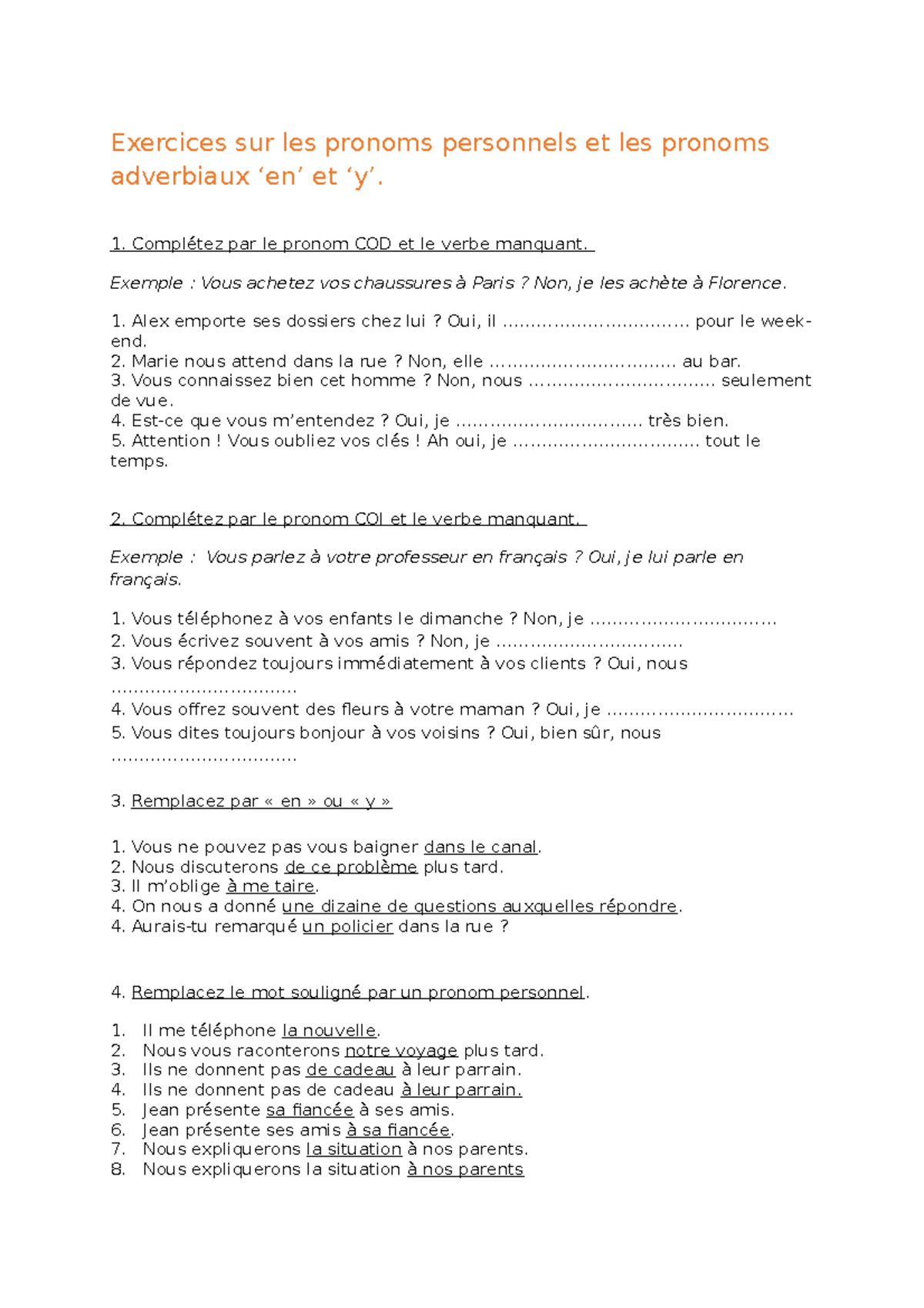 Ex Pronoms Personnels - Exercices Sur Les Pronoms Personnels Et Les ...