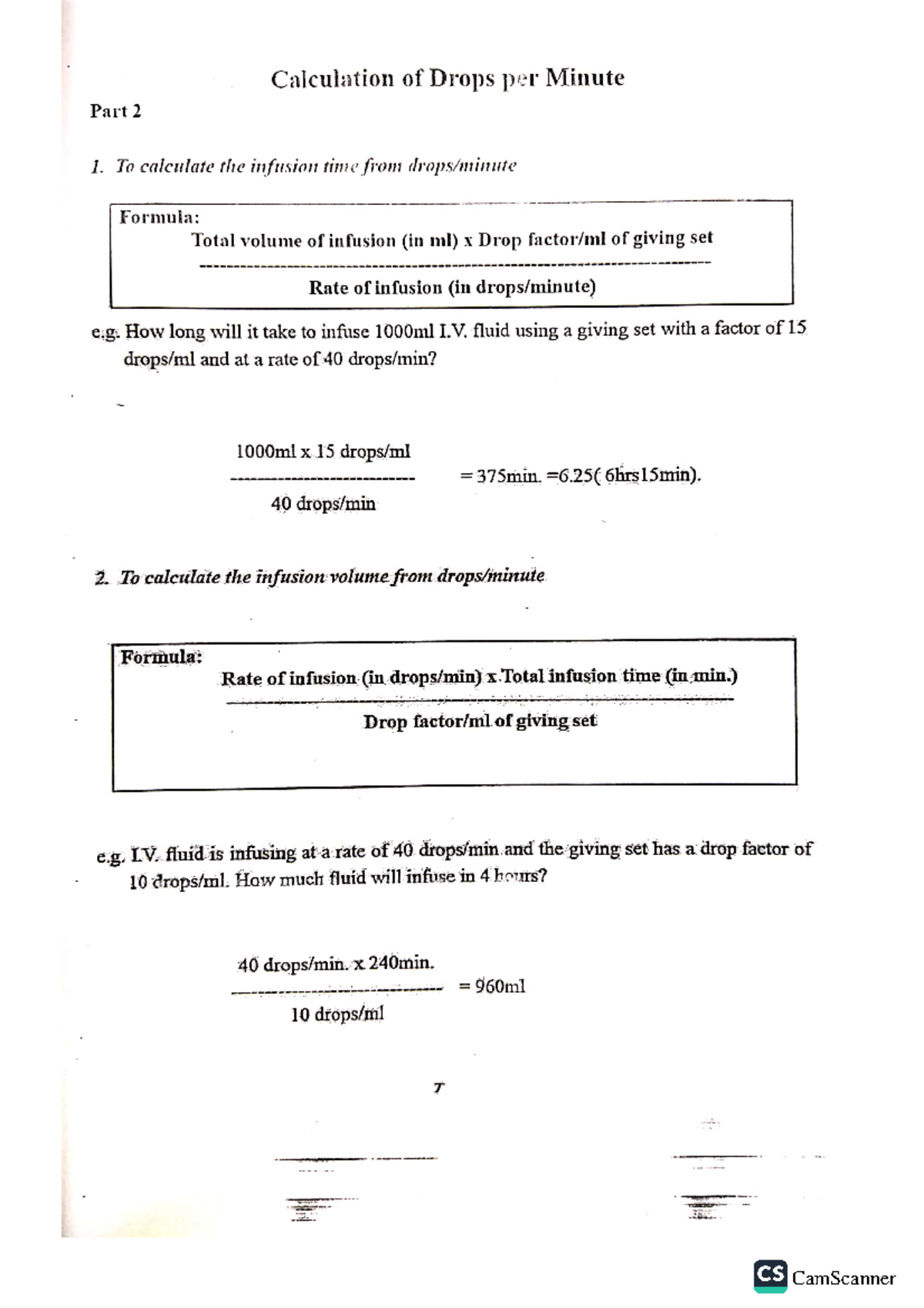 Calculation drops per minute part two Advance Nursing CamScanner