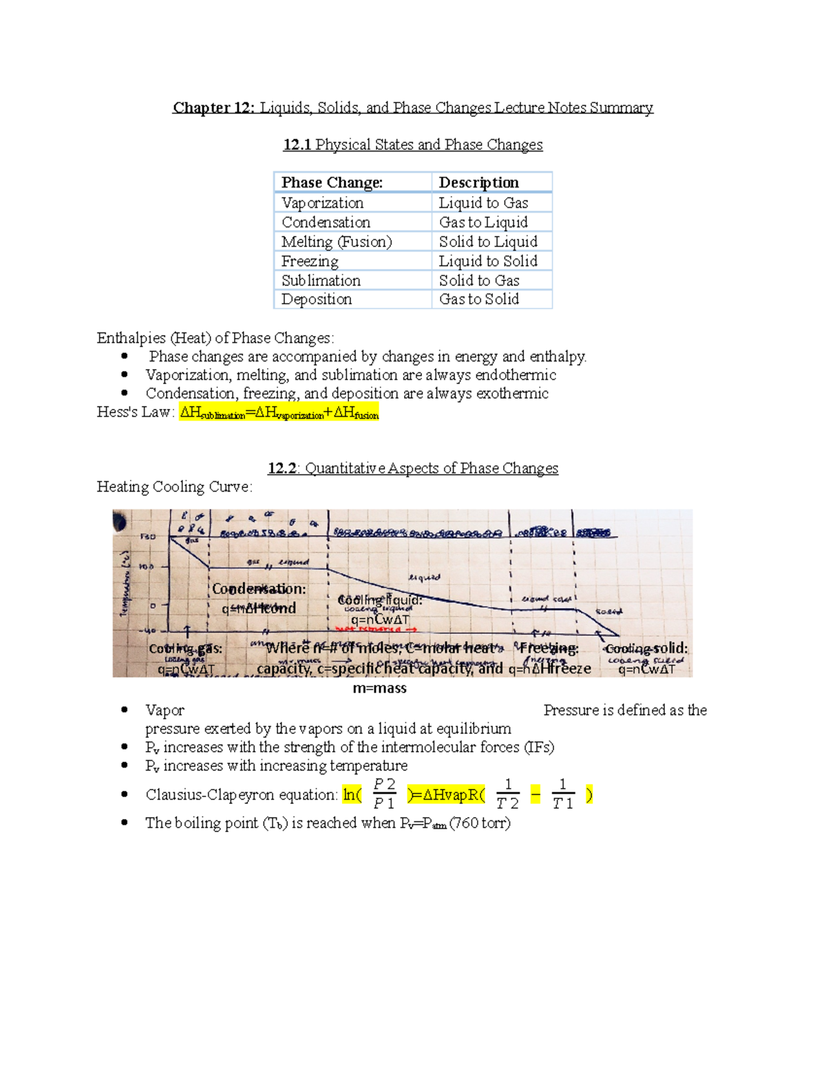 Ch 12 (Liquids, Solids, and Phase Changes) Chem II Lecture Note Summary ...