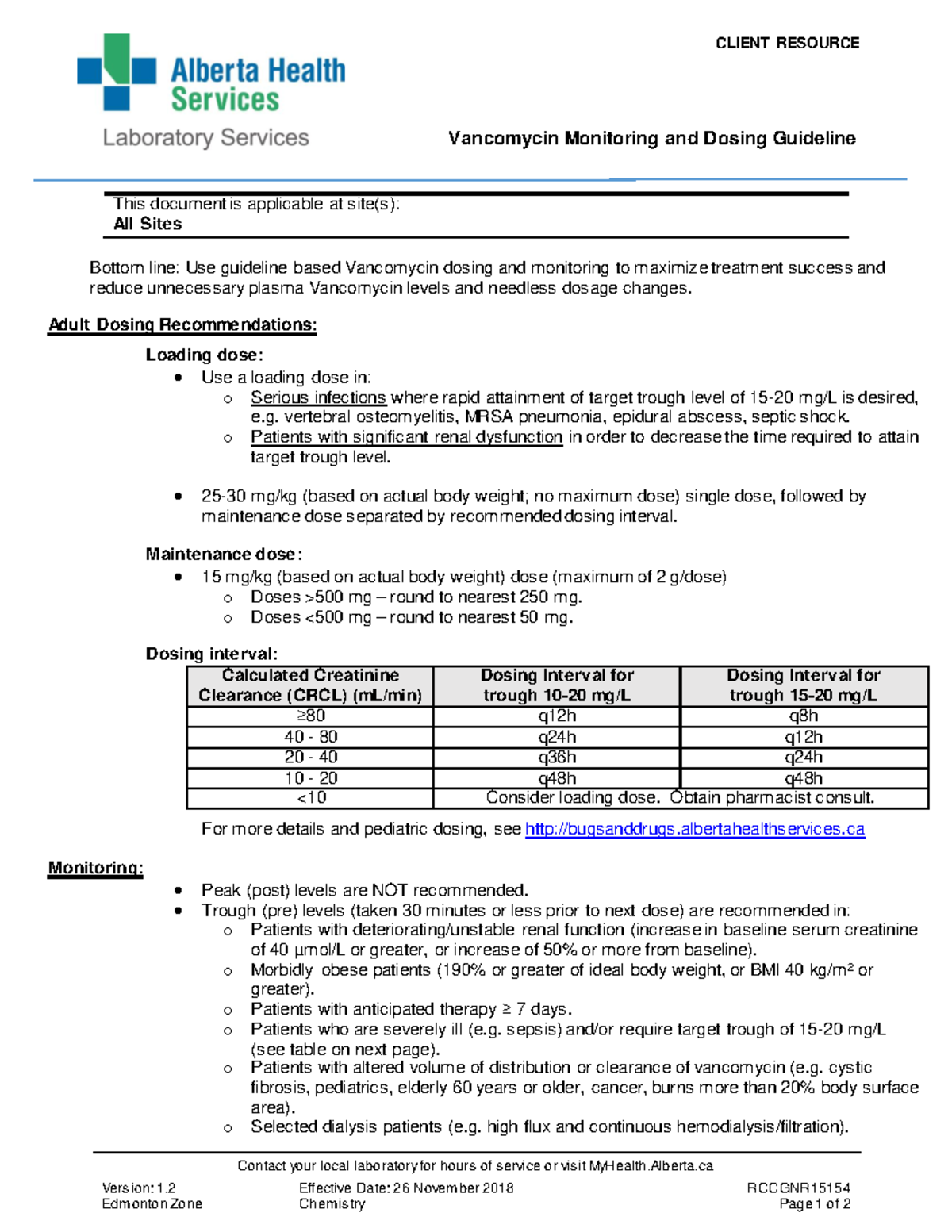 Wf Lab Vancomycin Monitoring And Dosing Guideline - CLIENT RESOURCE ...