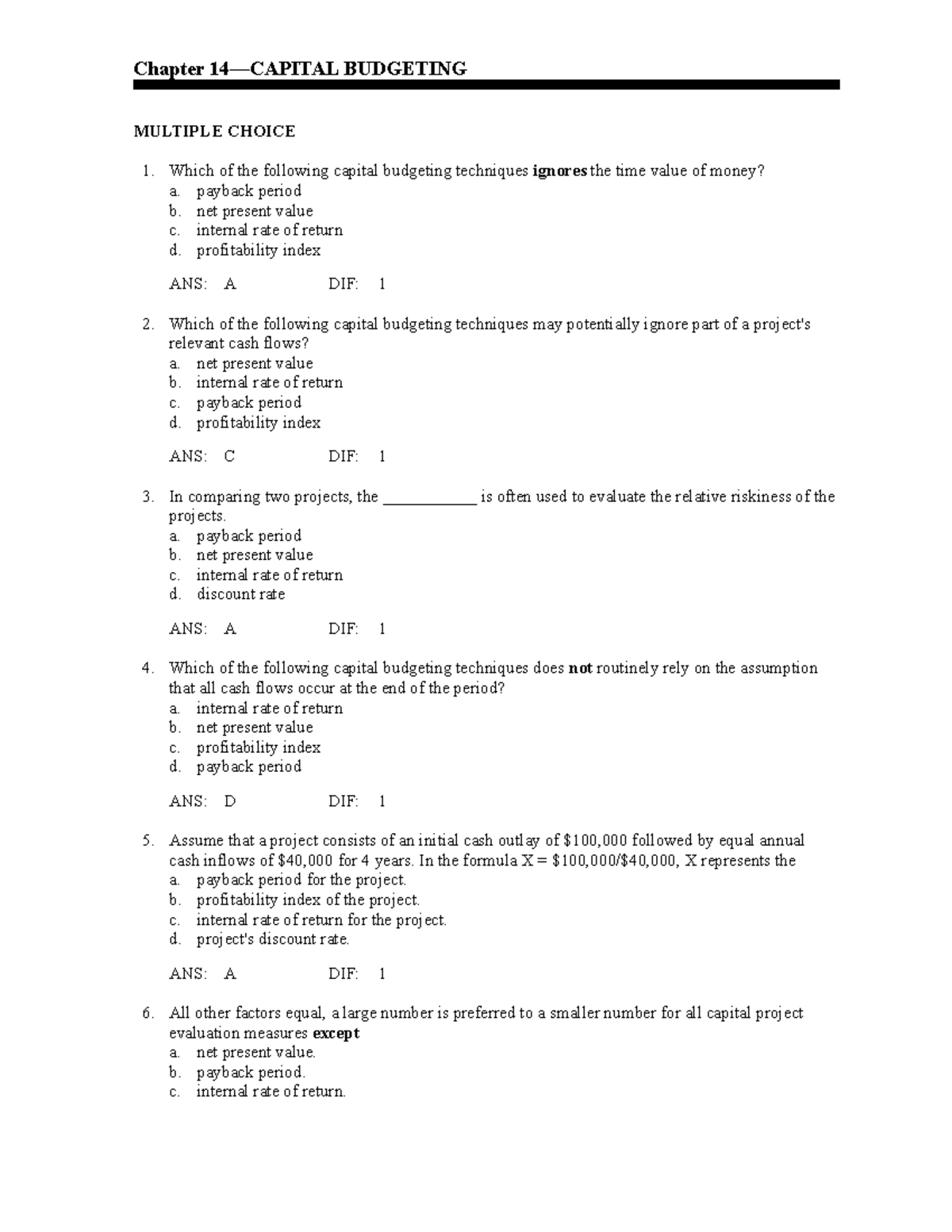 6 Capital Budget Testbank A - Chapter 14—capital Budgeting Multiple 