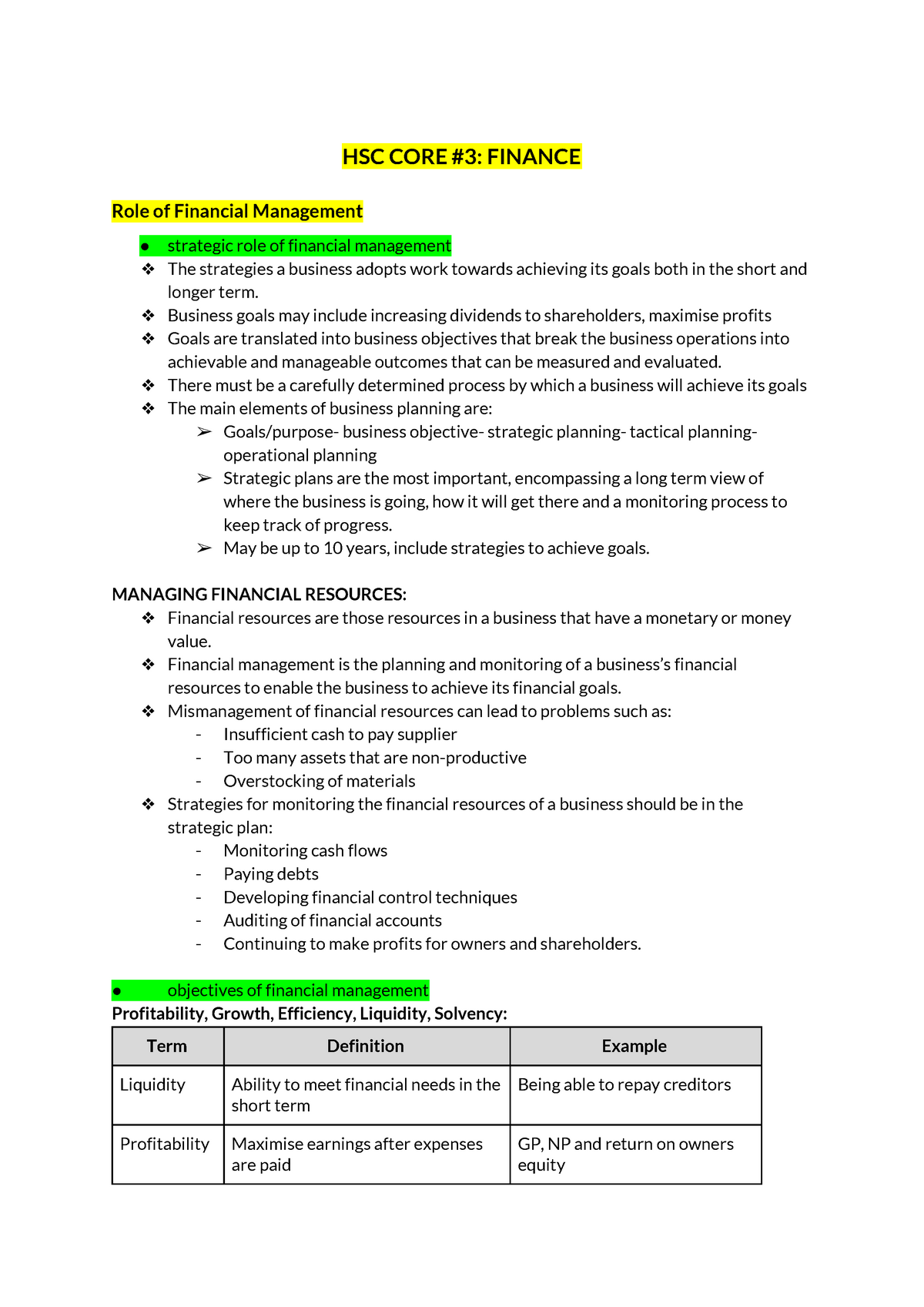 Business Studies - HSC Finance Notes - Studocu