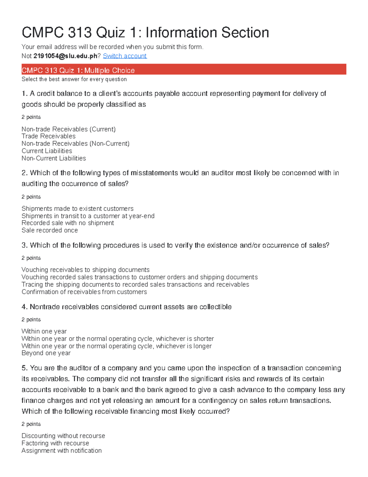 Cmpc 313 Midterms Quiz 1 - Cmpc 313 Qui Z 1: Informat Ion Sect Ion Your 