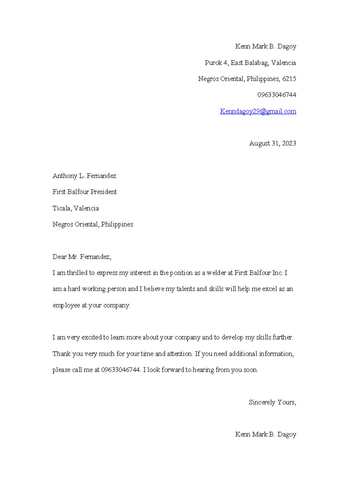 Application letter example - Kenn Mark B. Dagoy Purok 4, East Balabag ...