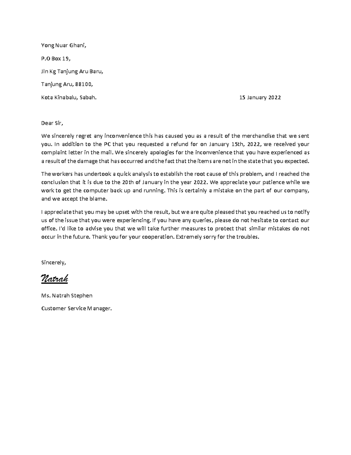 MGT269 Letter - ....... - Yong Nuar Ghani, P Box 19, Jln Kg Tanjung Aru ...