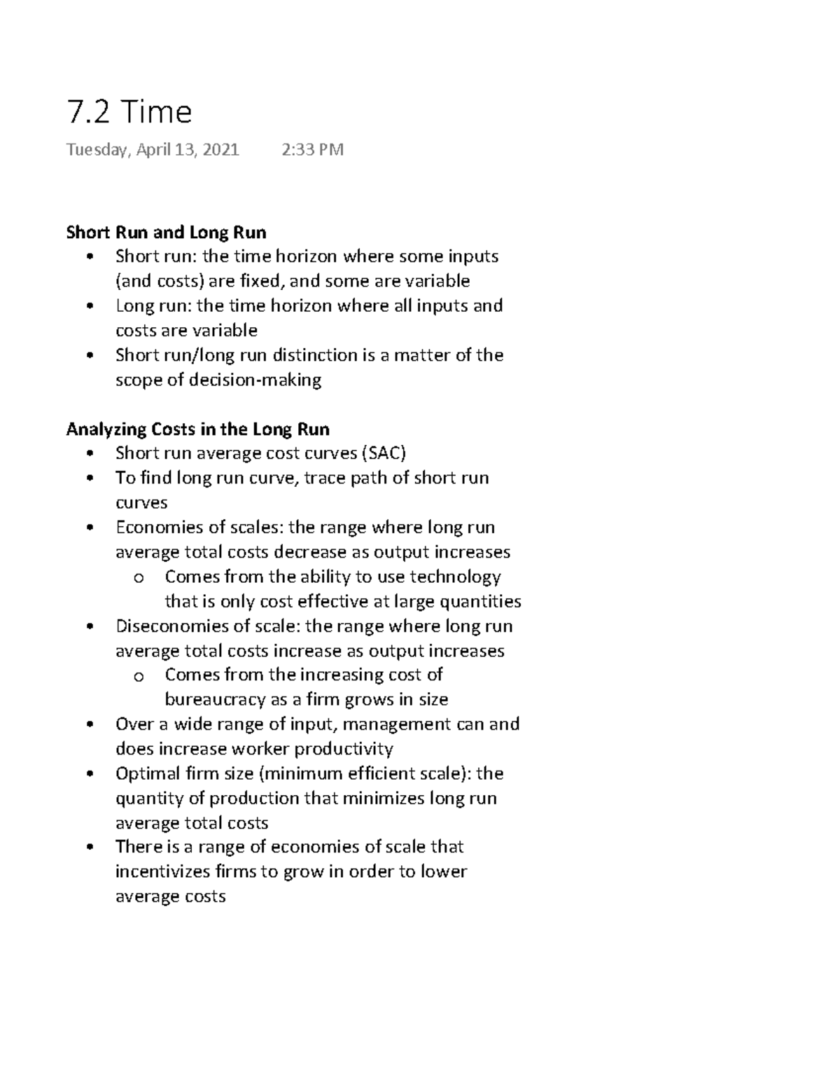7.2 Time - Lecture notes ch 7 - Short Run and Long Run Short run: the ...