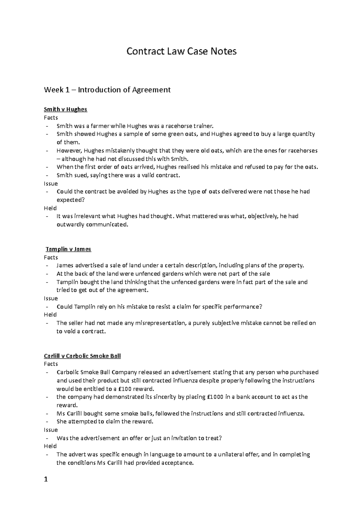 Contract Law I Case Notes - Contract Law Case Notes Week 1 ...