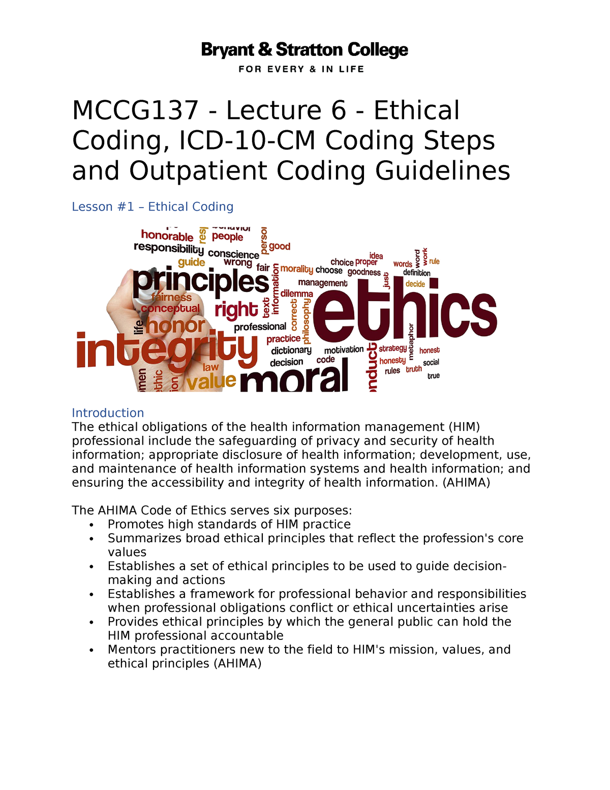 MCCG137 Lecture 6 Ethical Coding, and Outpatient Coding Guidelines