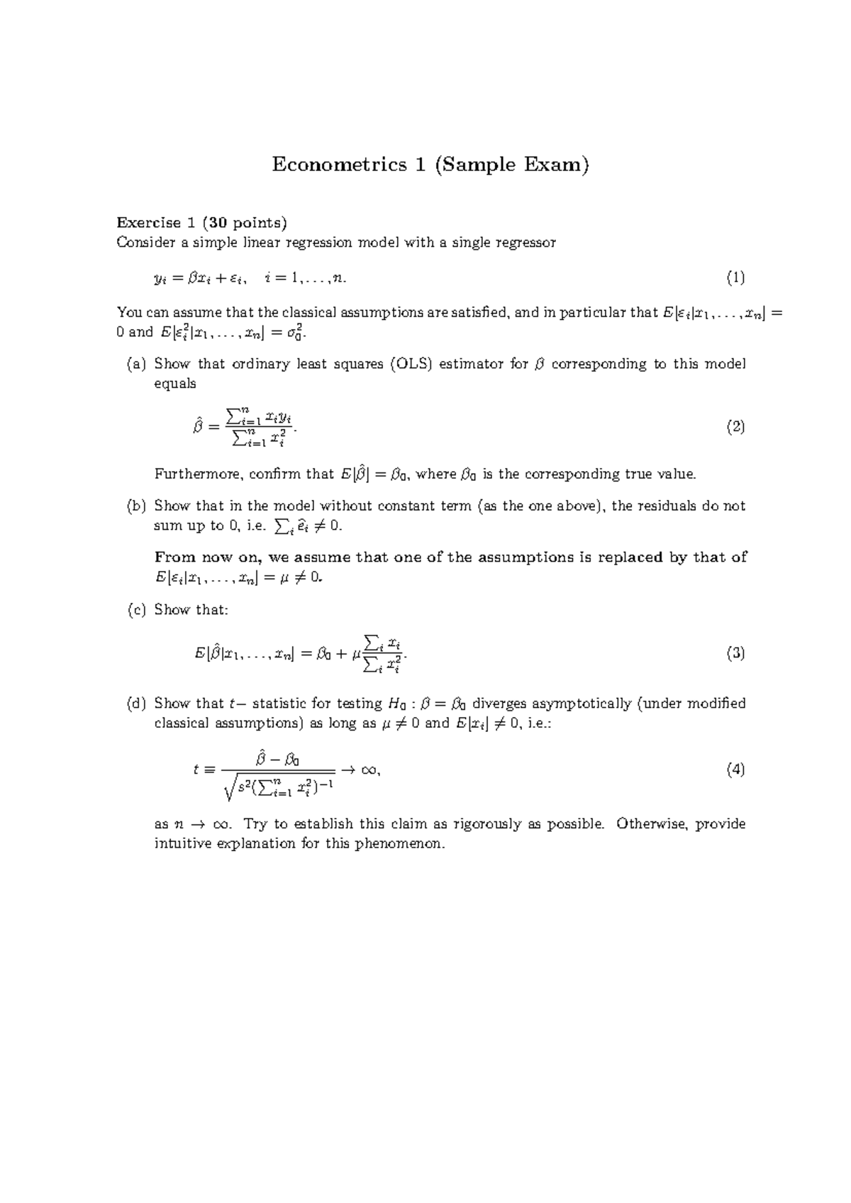 EC1 sample exam 2024 - Econometrics 1 (Sample Exam) Exercise 1 (30 ...