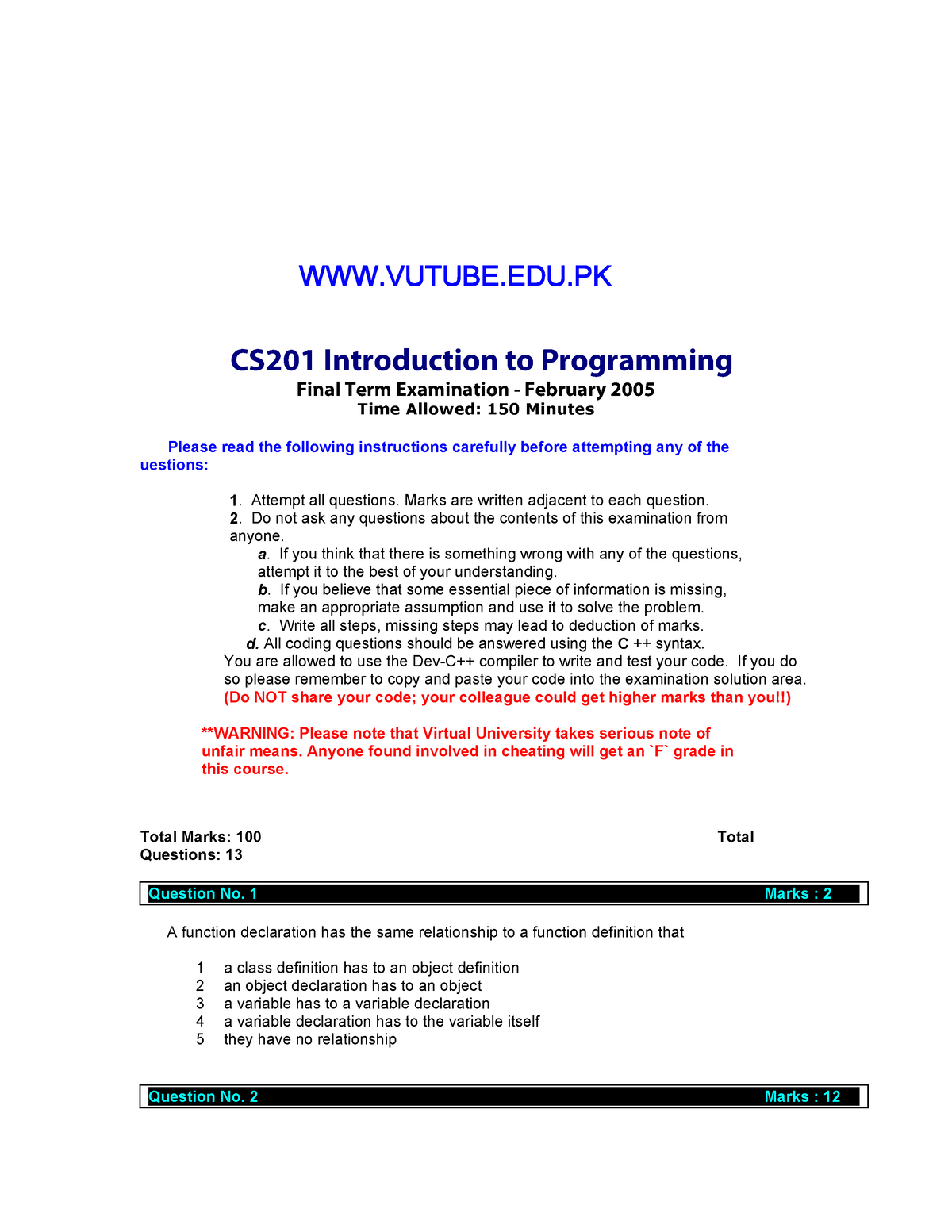 Introduction To Programming - CS201 Fall 2005 Final Term Paper - CS201 ...