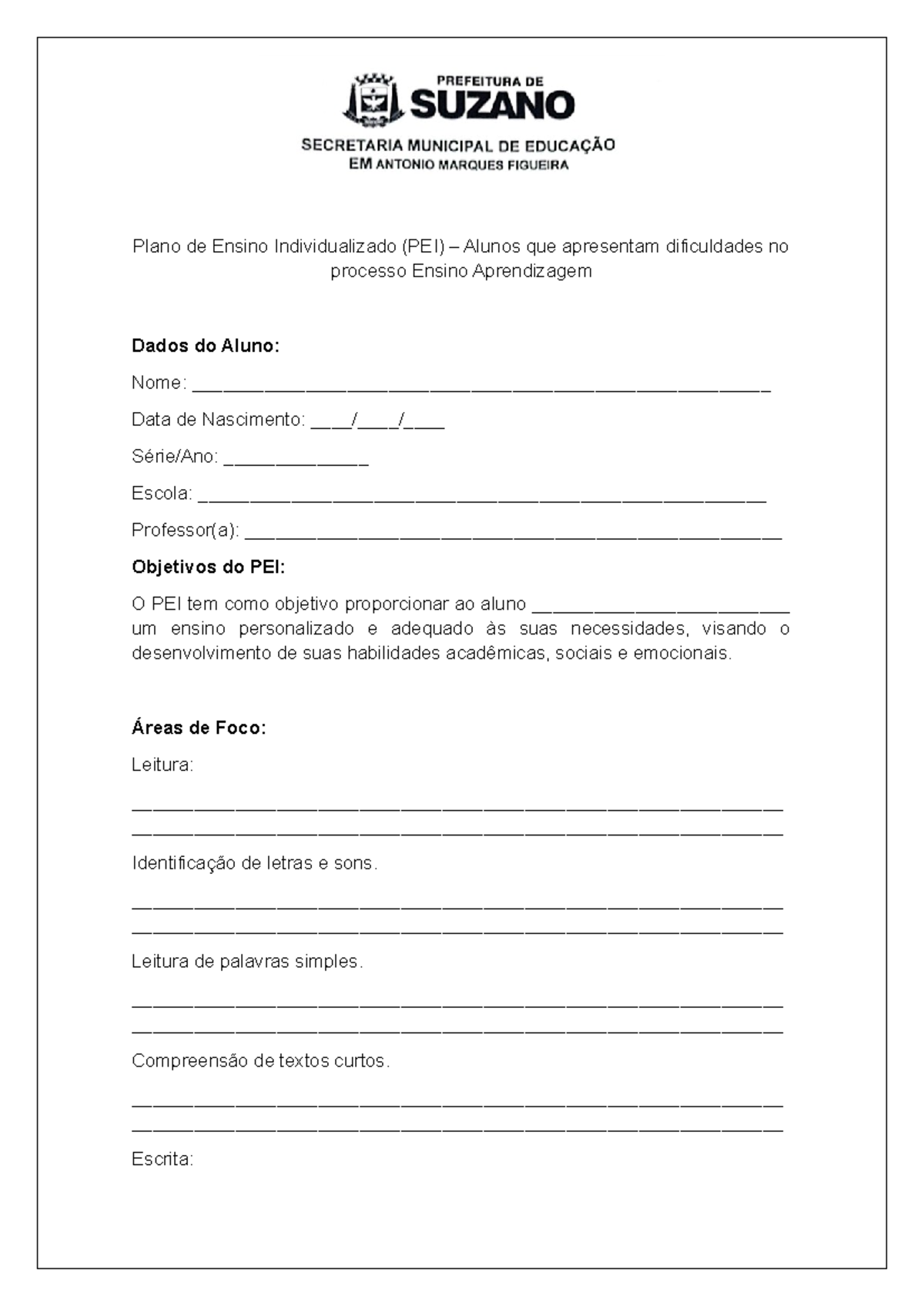 PEI - Plano Individualizado - Plano de Ensino Individualizado (PEI ...