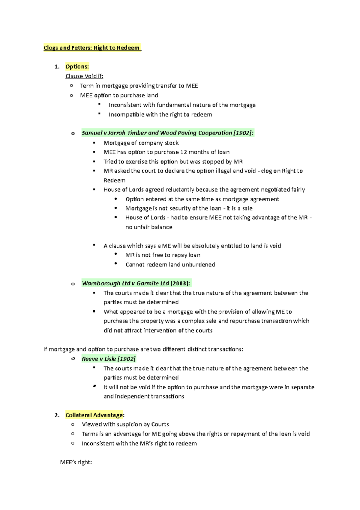 Clogs and Fetters Options Clause Void if o Term in mortgage