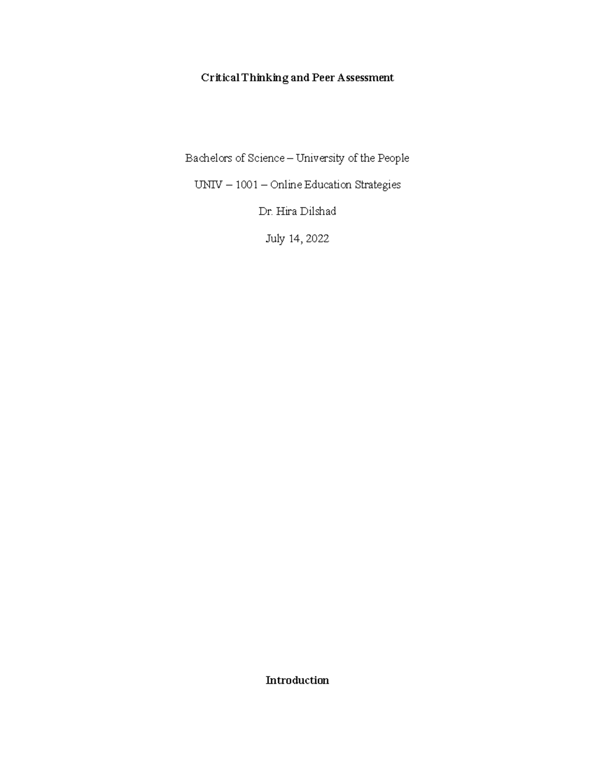 Critical Thinking and Peer Assessment - Critical Thinking and Peer ...