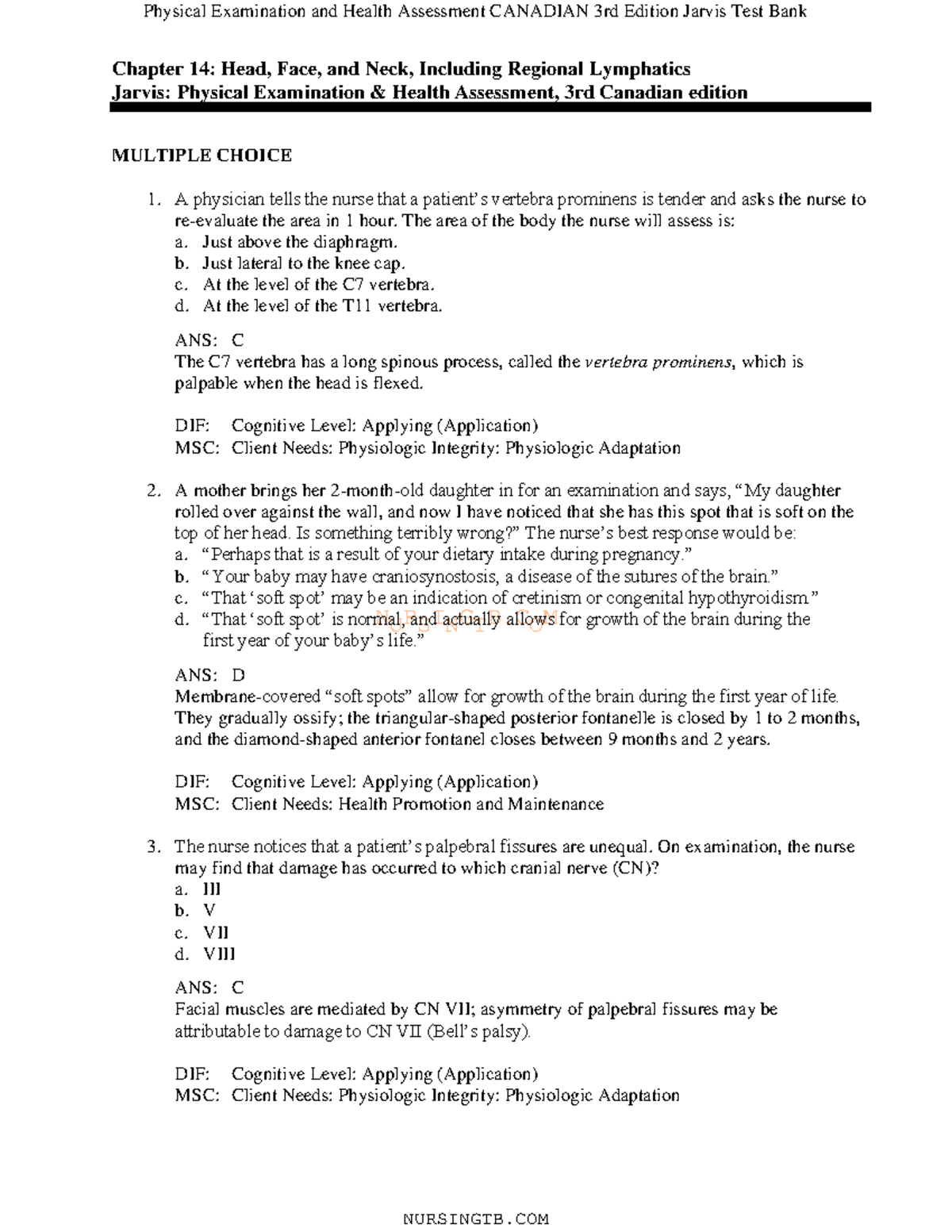 Chapter 14 - Jarvis 3rd Edition- Test Bank - For Final Exam - NURSINGTB ...