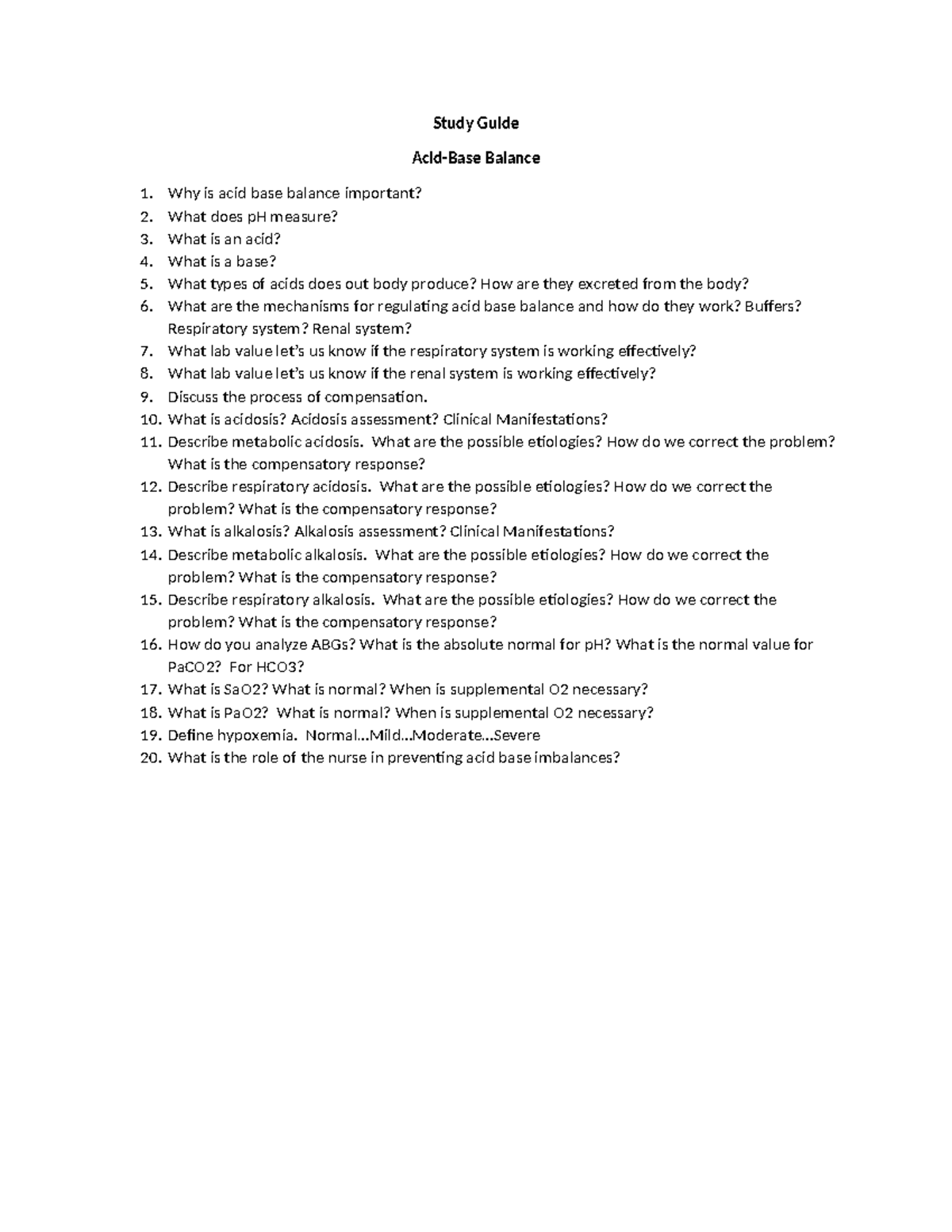 Study Guide Acid Base Balance-1 - Study Guide Acid-Base Balance Why is ...