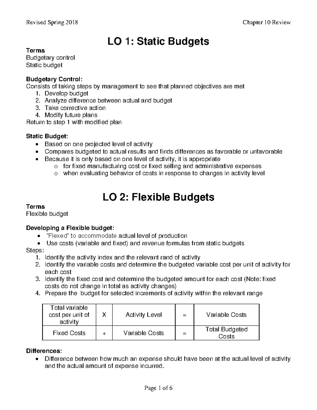 G12 - Chapter 10 - notes - LO 1: Static Budgets Terms Budgetary control ...