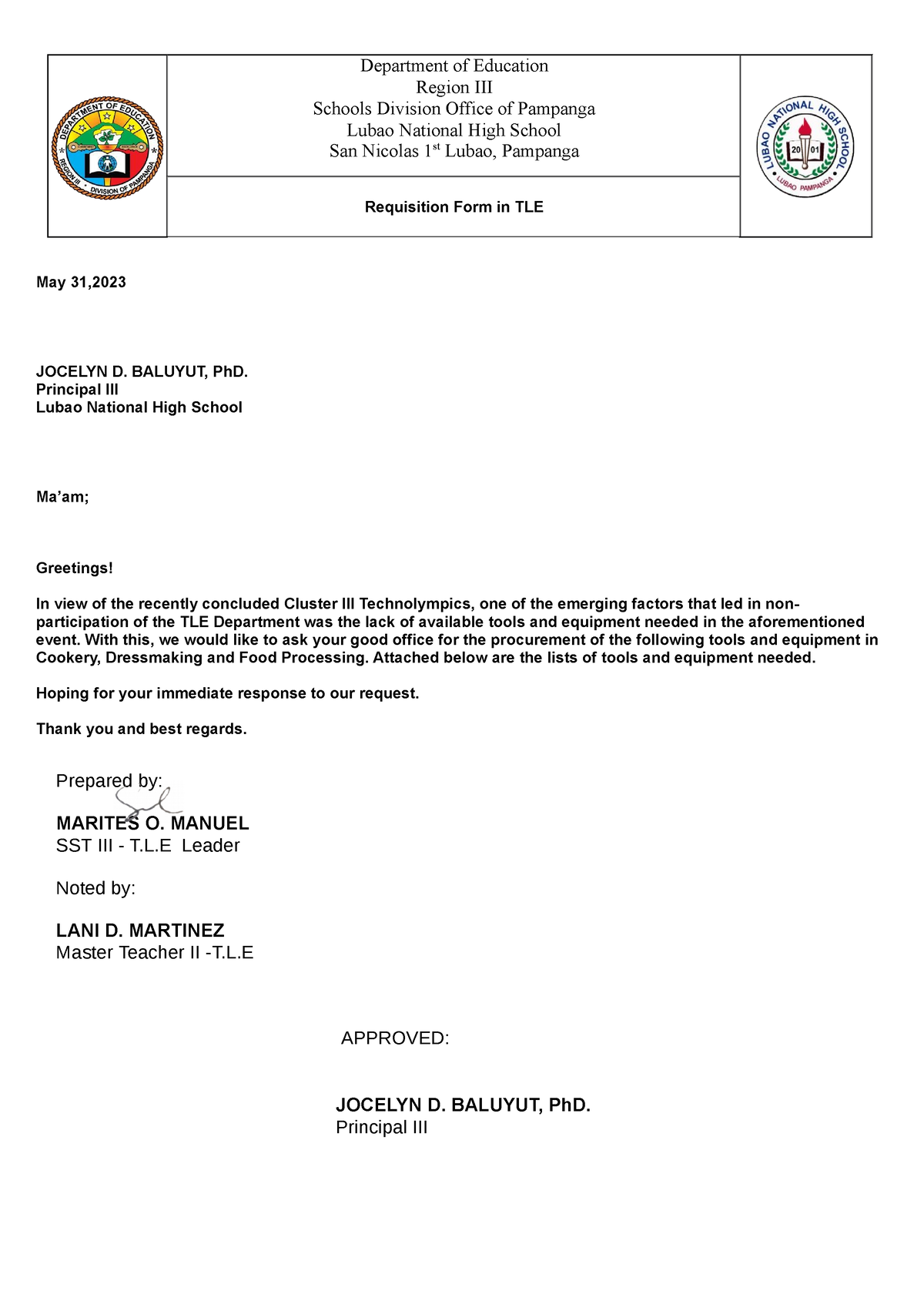 Requesition Form In TLE - Department of Education Region III Schools ...