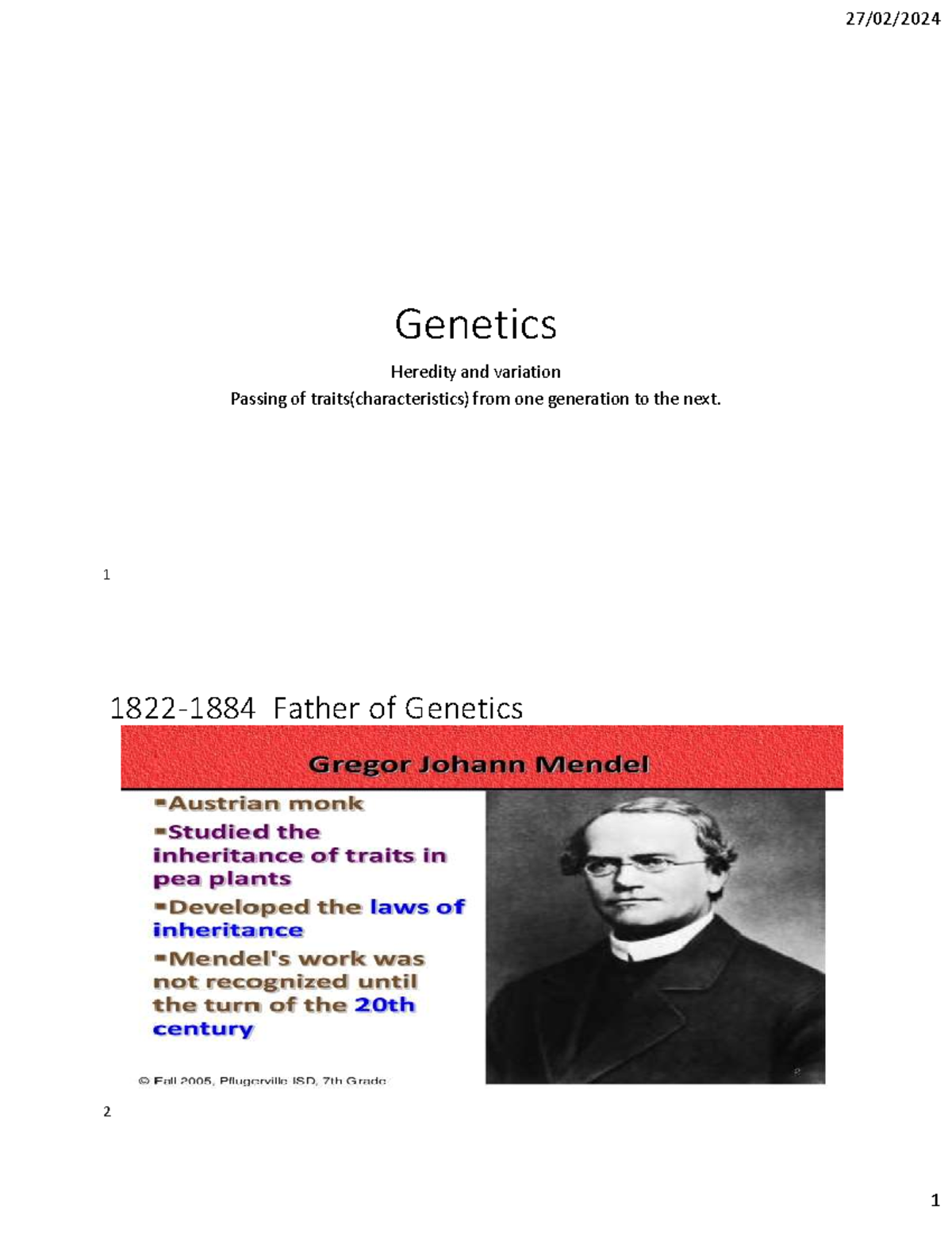 7. Genetics - Bio notes - Genetics Heredity and variation Passing of ...