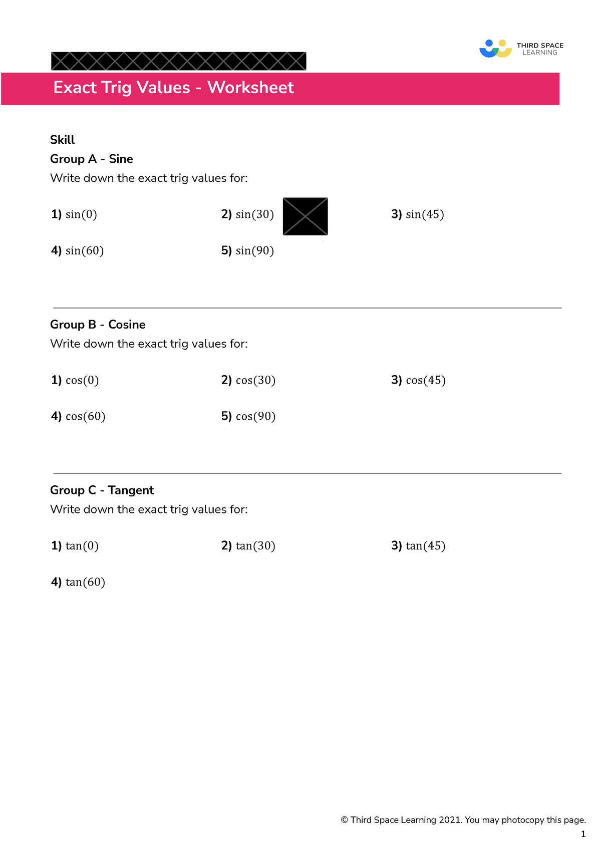 Third Space Learning Exact Trig Values GCSE Worksheet 1 - Exact Trig ...