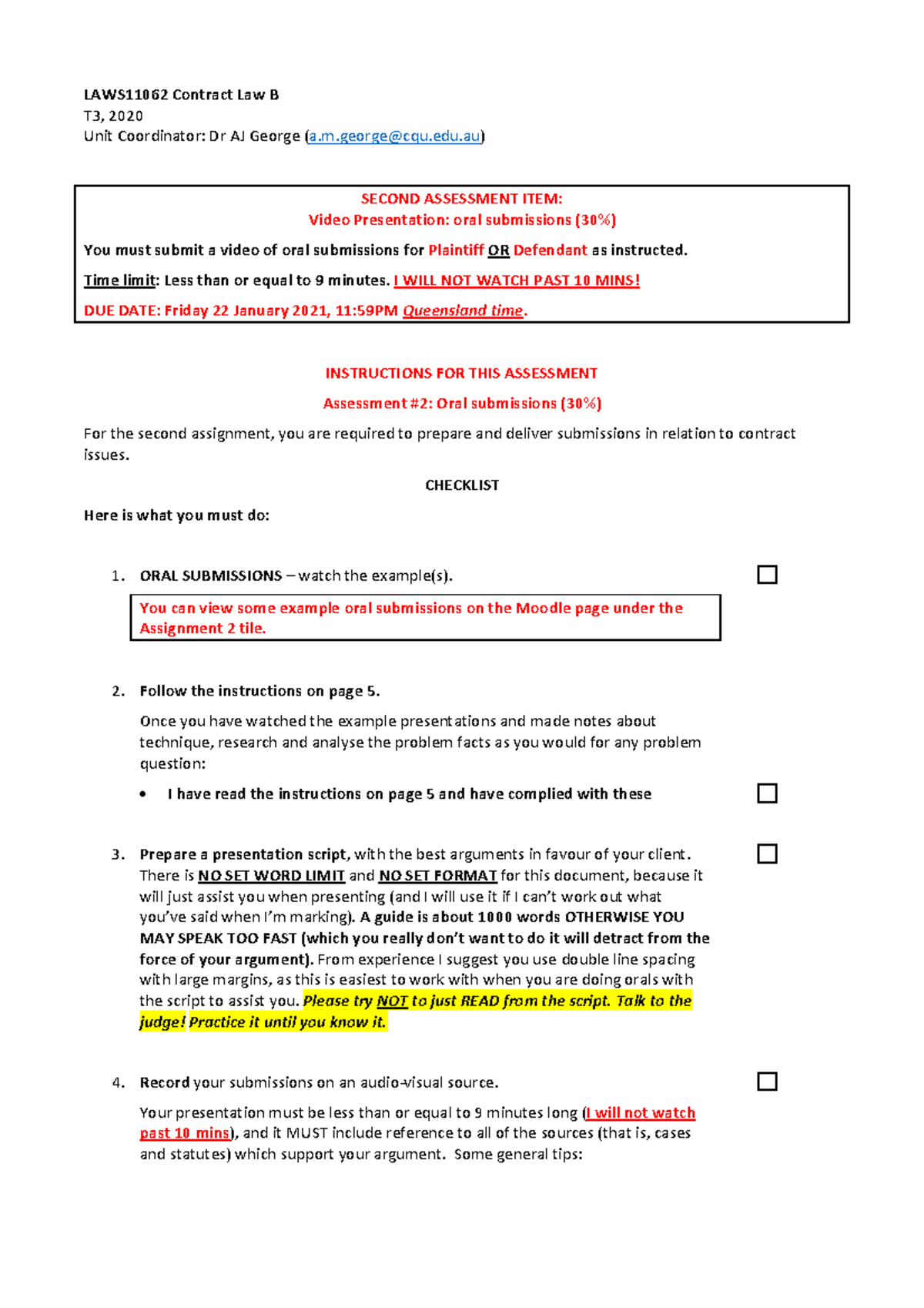 Contract B - Assessment 2 - Oral Submissions Answer Guide - LAWS11062 ...