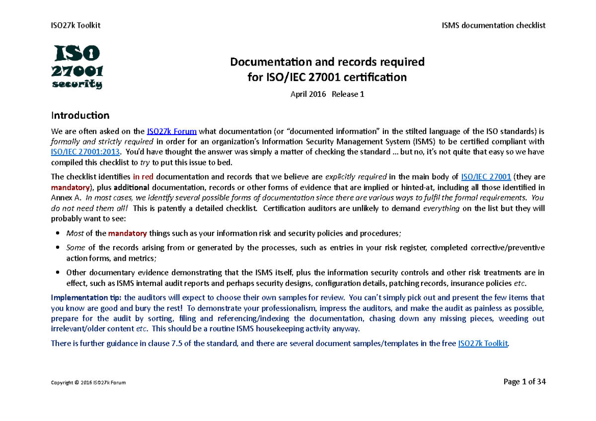 ISO27k ISMS Mandatory documentation checklist release 1 - Documentation ...
