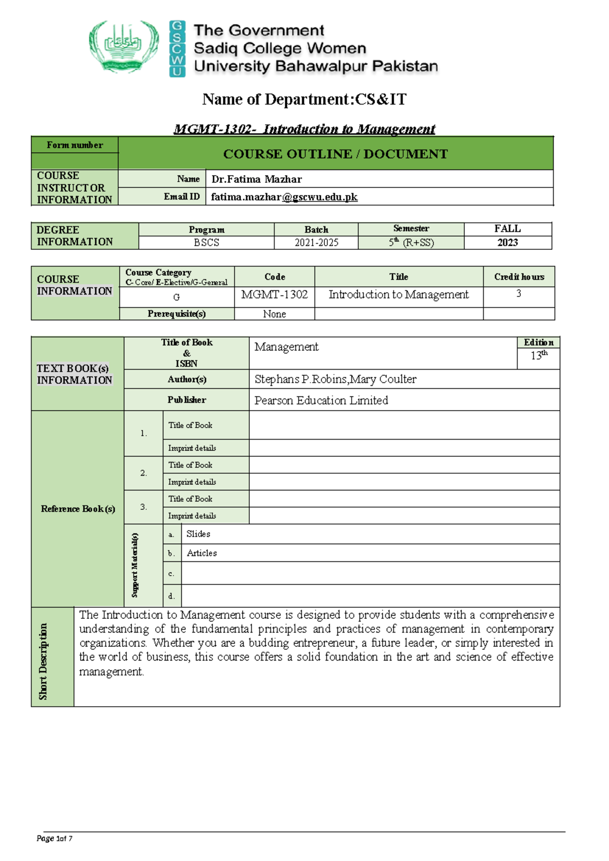 Management Course outline - MGMT-1302- Introduction to Management ...