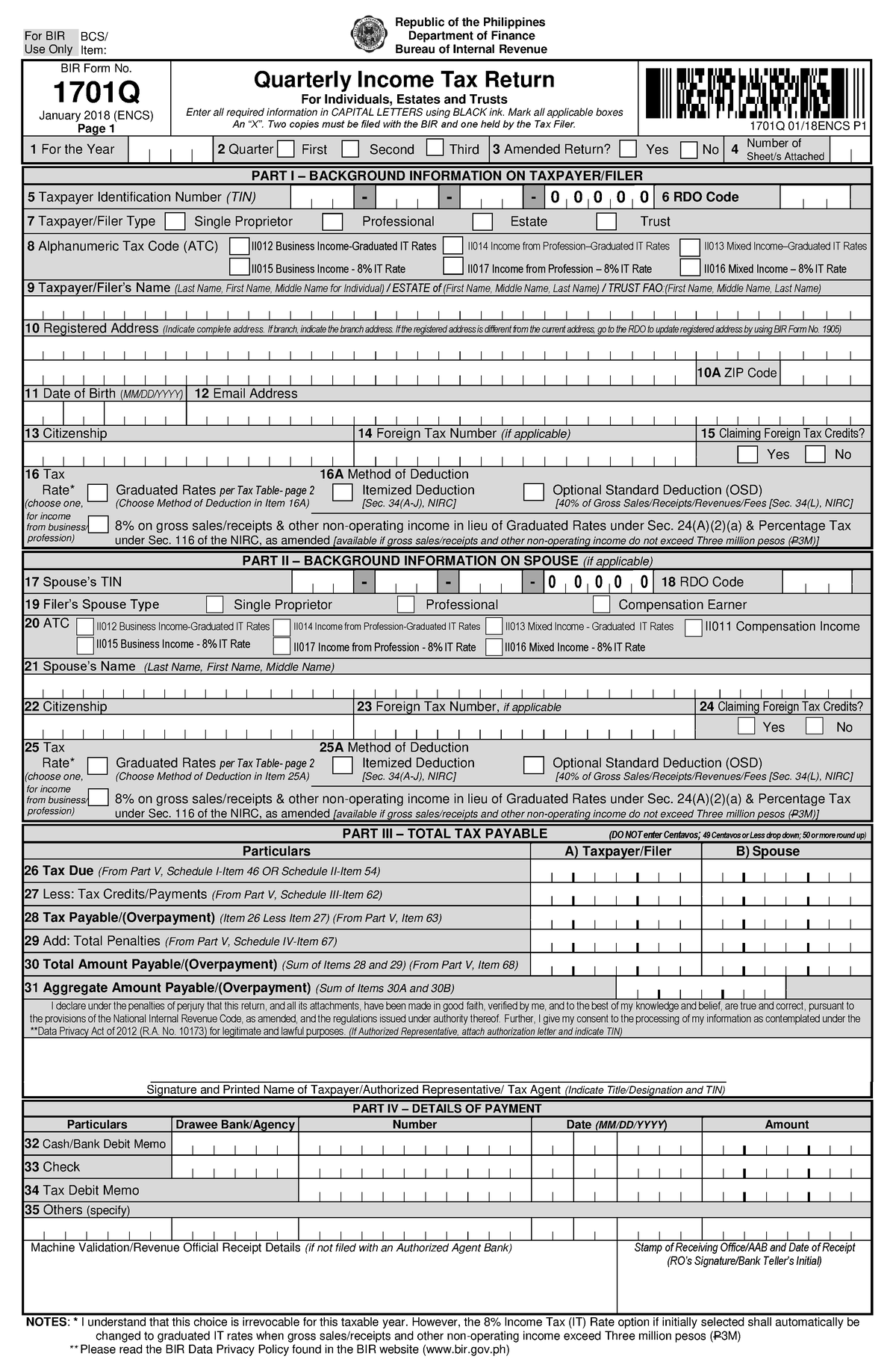 BIR FORM NO. 1701Q - SMVm:M;GA - BIR Form No. 1701Q January 2018 (ENCS ...