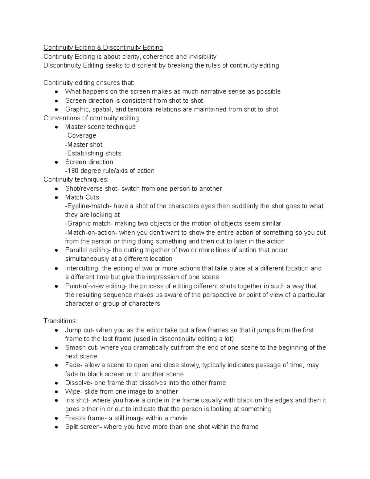 Film Notes 09 21 222 Continuity Editing & Discontinuity Editing