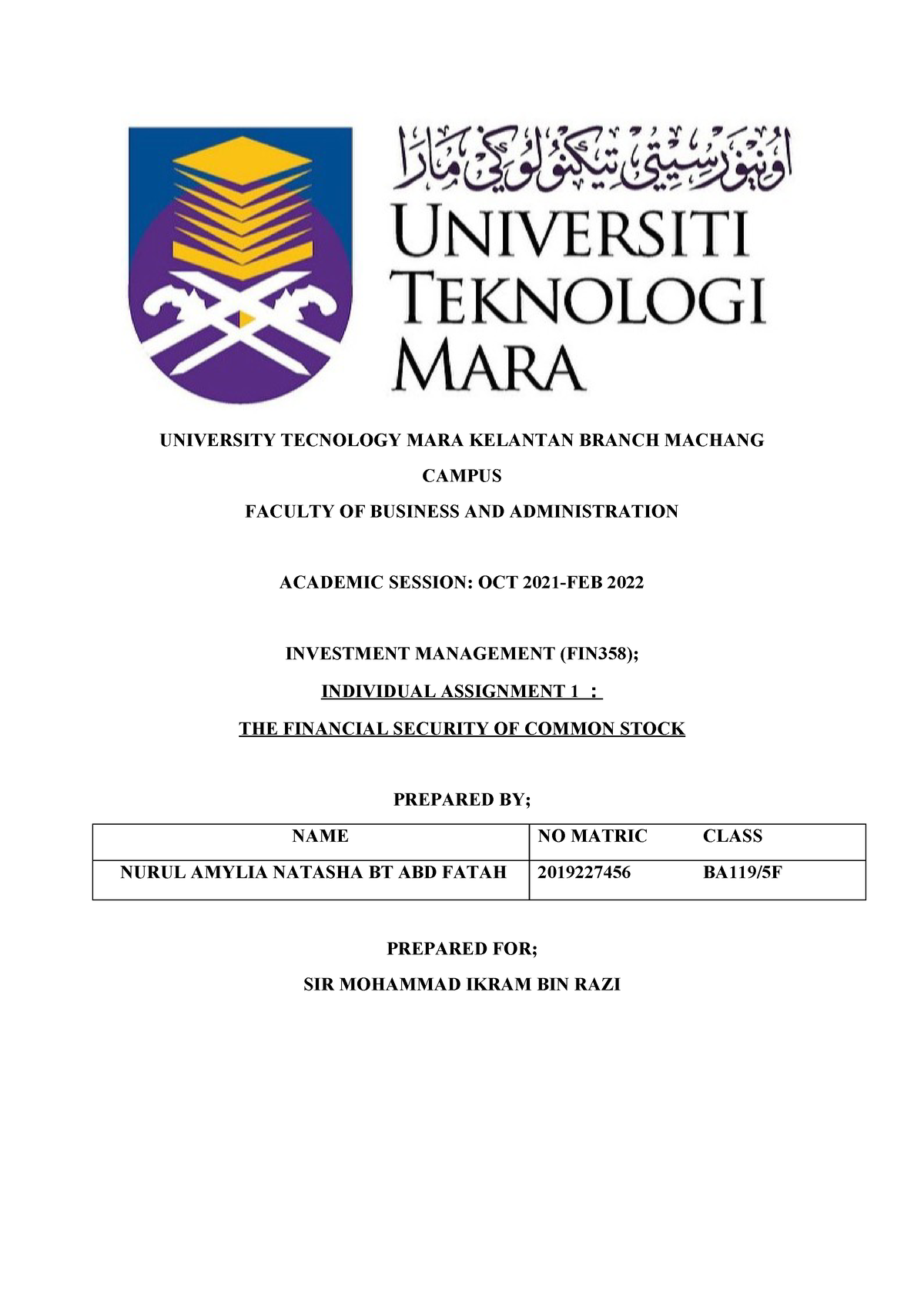 FIN358 (Investment Management) -Individual Assignment - UNIVERSITY ...