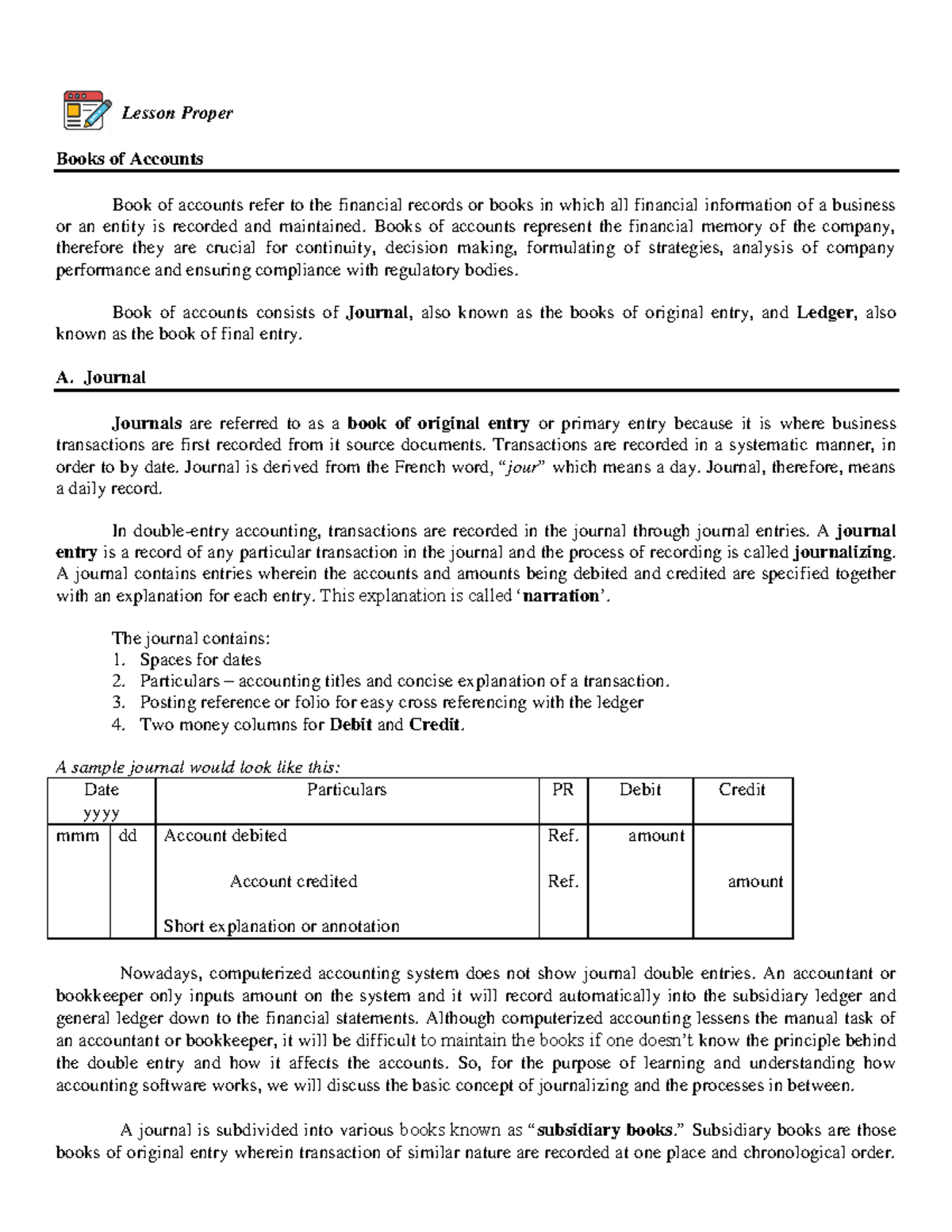 Books of Accounts and Journalizing Lesson Proper Books of Accounts