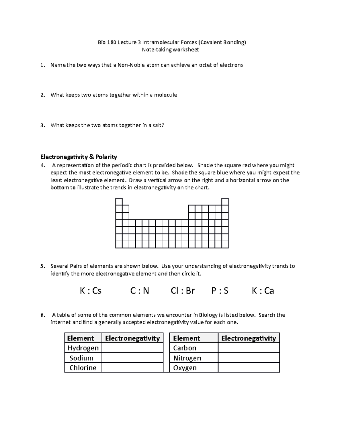 Topic Worksheet Bio 180 Lecture 3 Intramolecular Forces (Covalent