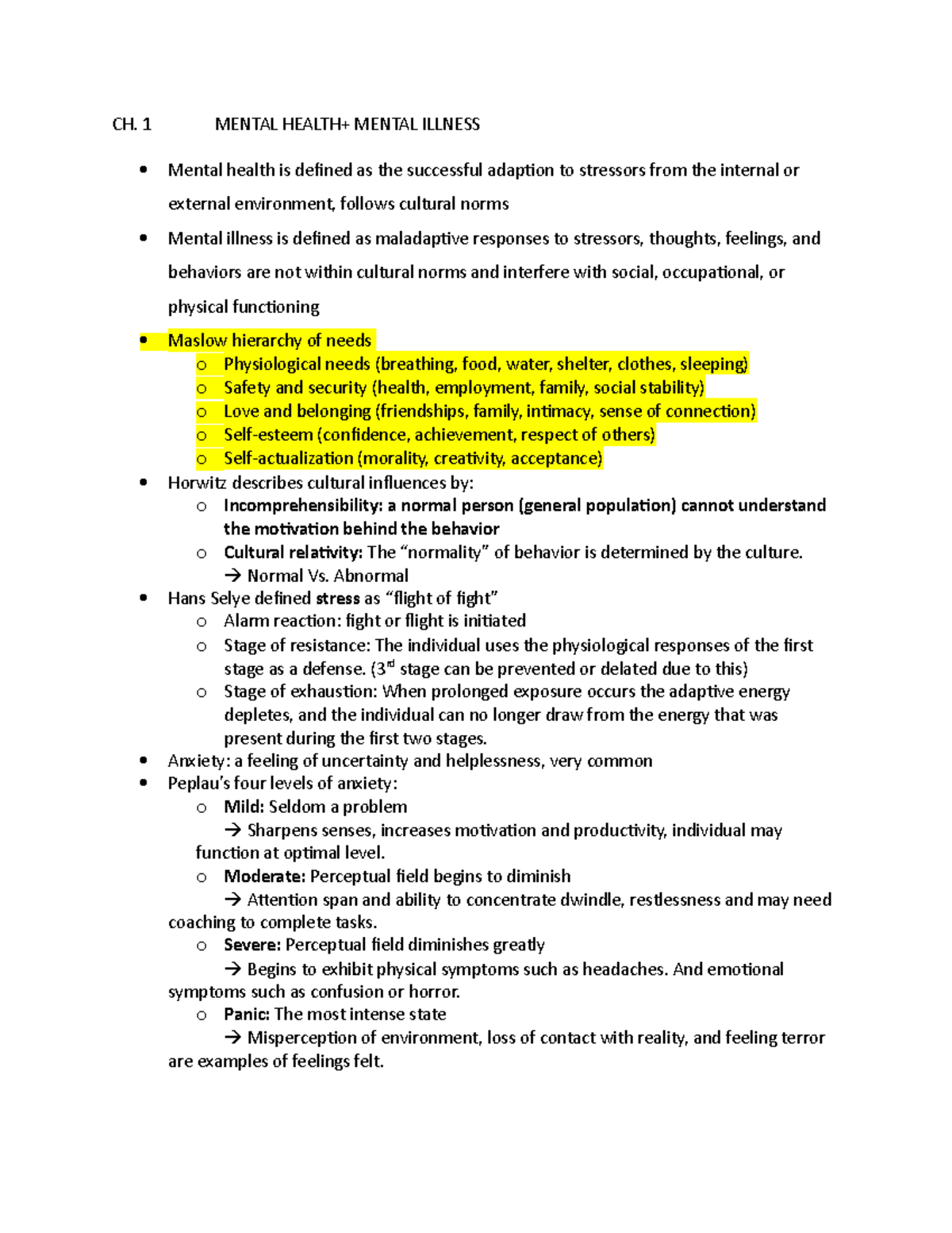 Exam 1 Content - Exam 1 notes, Ch. 1-3,5-9,11,4 - CH. 1 MENTAL HEALTH+ ...