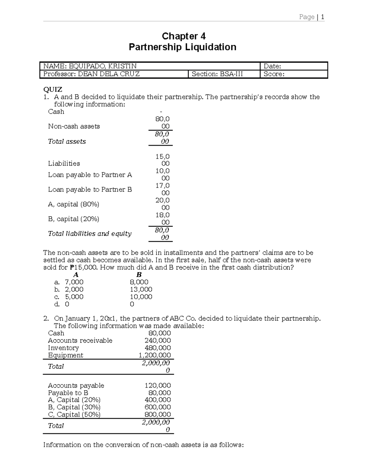 Chapter 4 - Partnership Liquidation - Equipado - Chapter 4 Partnership ...