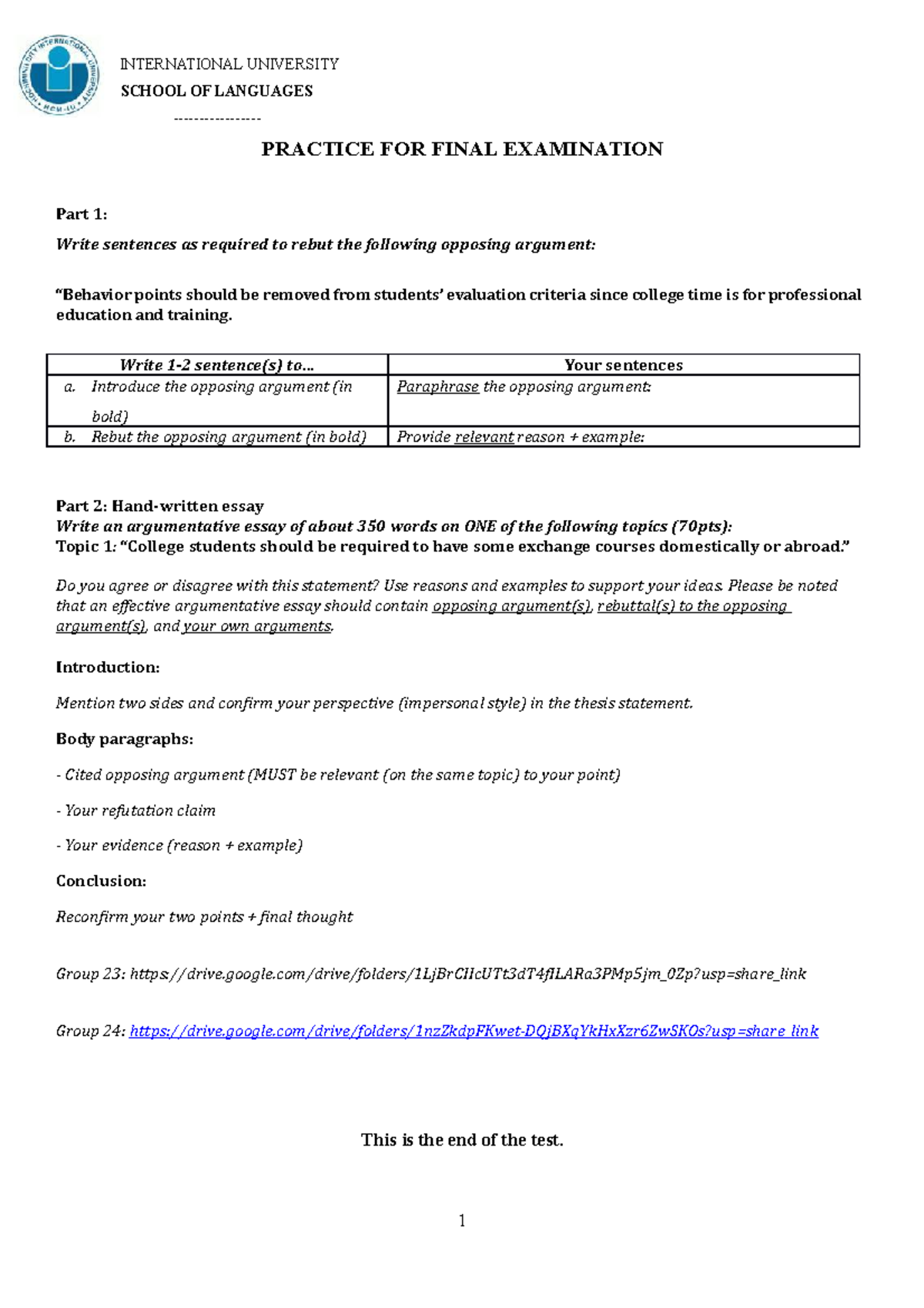 Writing AE1 Wrapup INTERNATIONAL UNIVERSITY SCHOOL OF LANGUAGES