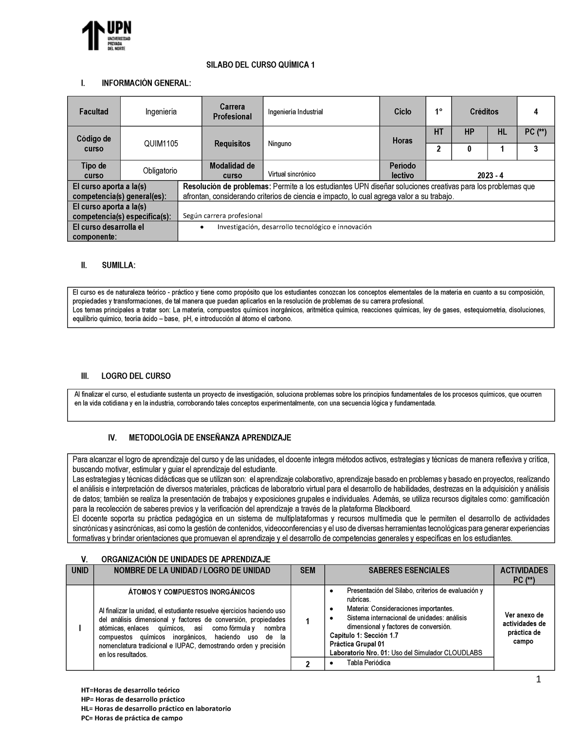 Silabo Química 1 - 1 HT=Horas De Desarrollo TeÛrico HP= Horas De ...