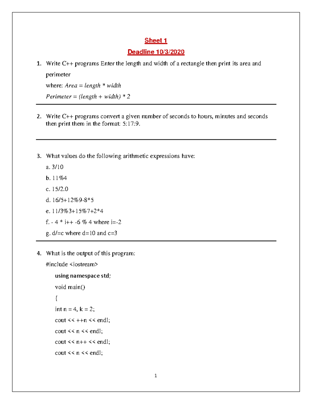 Programming fundamenta sheet 1 - 1 Sheet 1 Deadline 10/3/ Write C ...