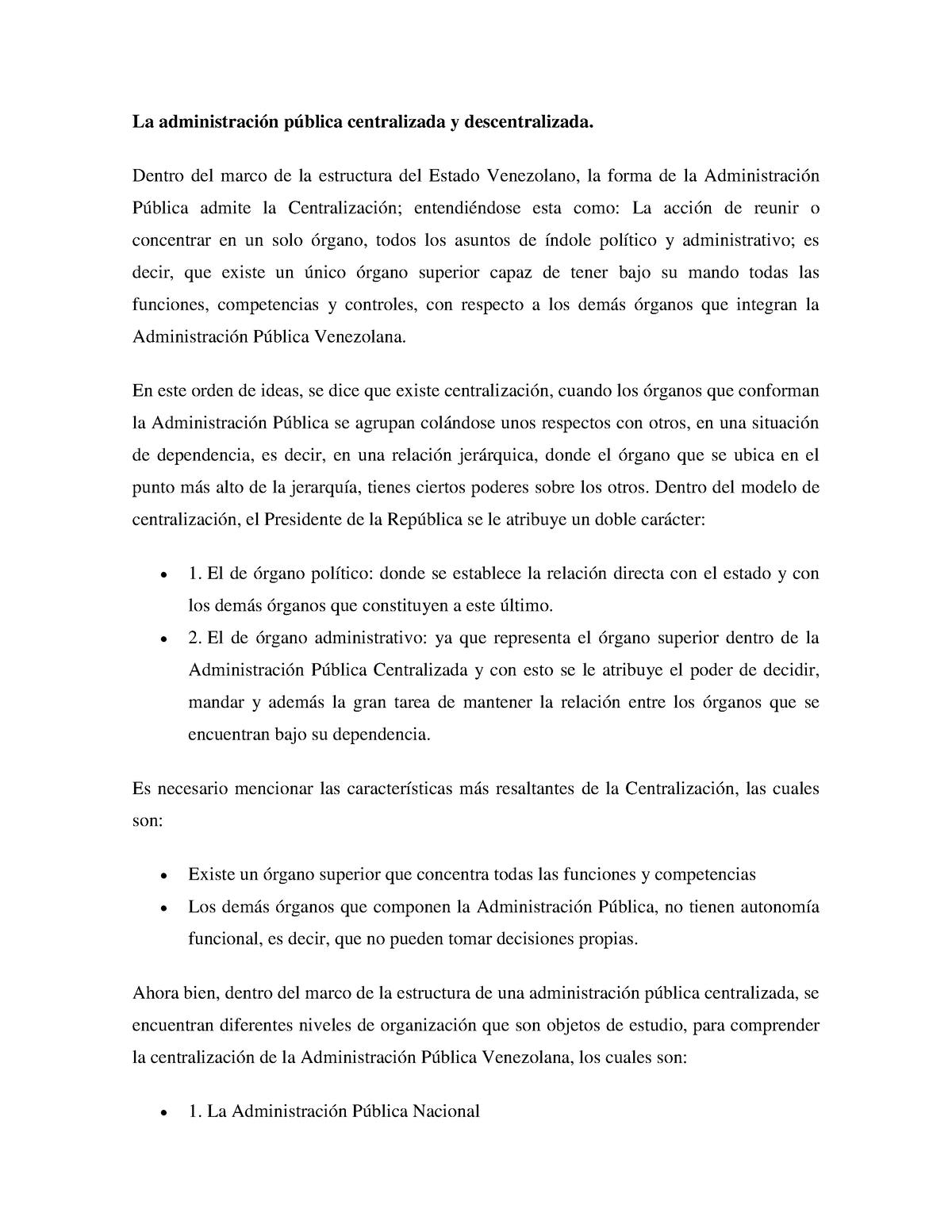 La administración publica centralizada y descentralizada en Venezuela - La  administración pública - Studocu