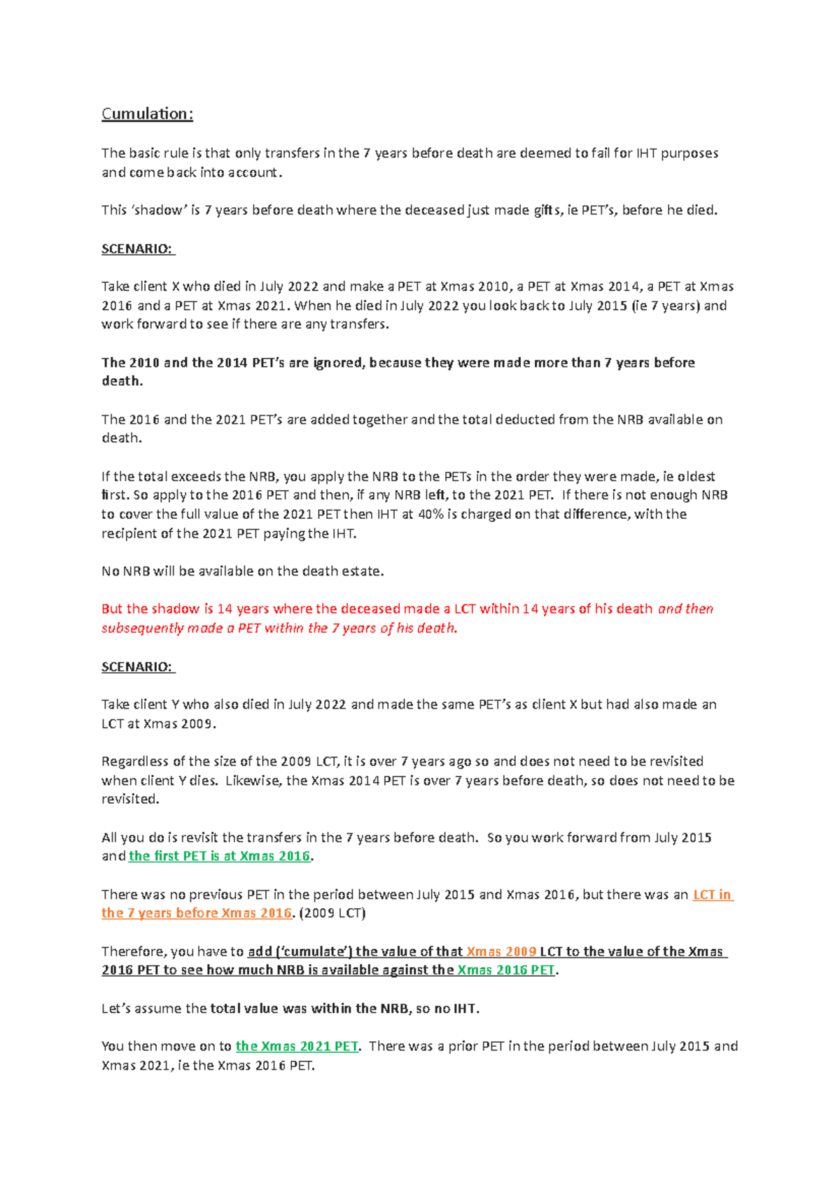 IHT Notes - IHT - Cumulation: The basic rule is that only transfers in ...