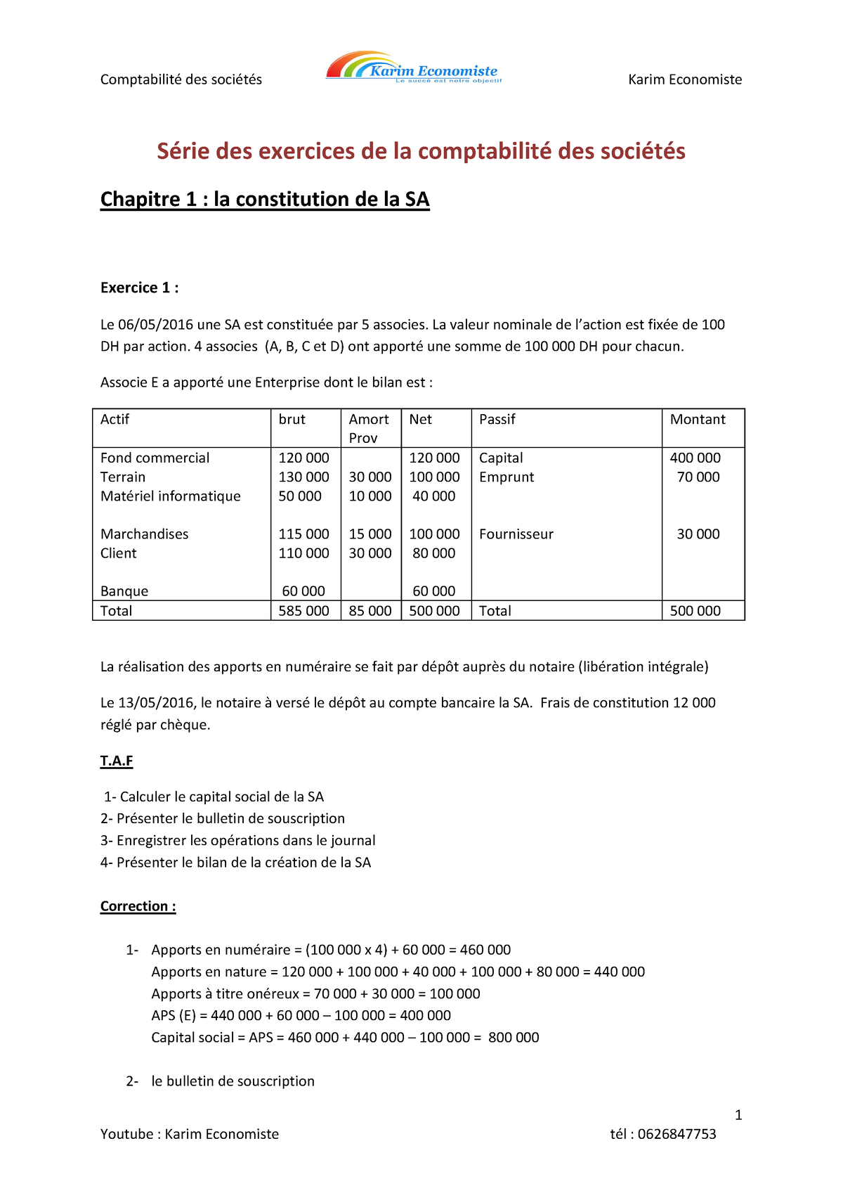 Comptabilité Des Sociétés Exercices Corrigés S4 - 1 Série Des Exercices ...