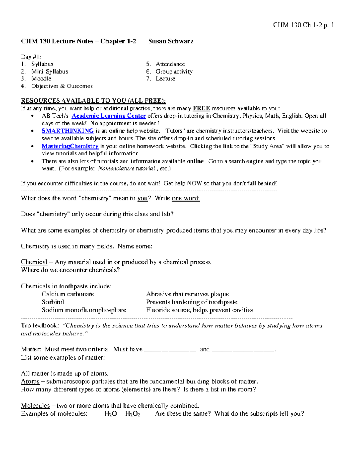 CHM 130 Ch 1-2 - For your academic chem school year! - Chem1252 - UNC ...