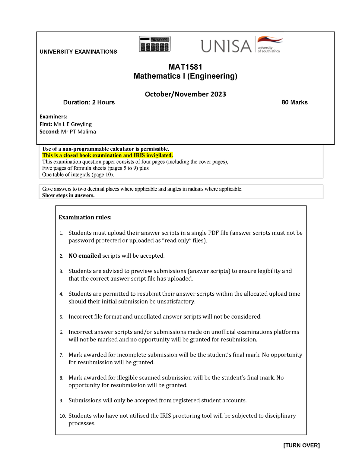 MAT1581 EXAM Oct Nov 2023 - [TURN OVER] UNIVERSITY EXAMINATIONS MAT ...