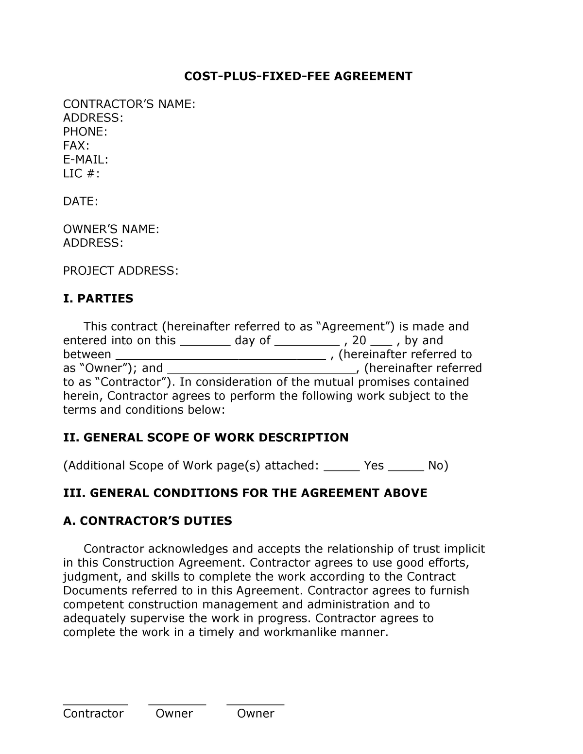 COST AGREEMENT FOR CONSTRUCTION SAMPLE FOR STUDENTS COSTPLUSFIXED