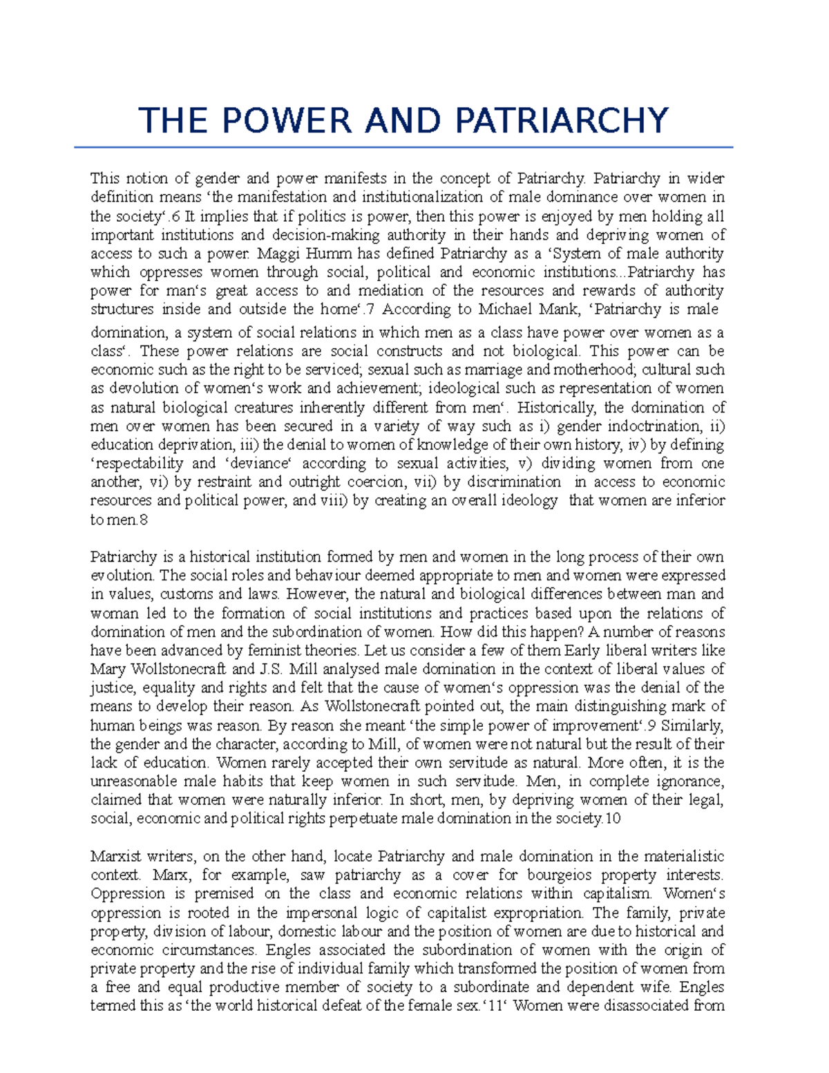 NOTE ON THE Power AND Patriarchy - THE POWER AND PATRIARCHY This notion ...