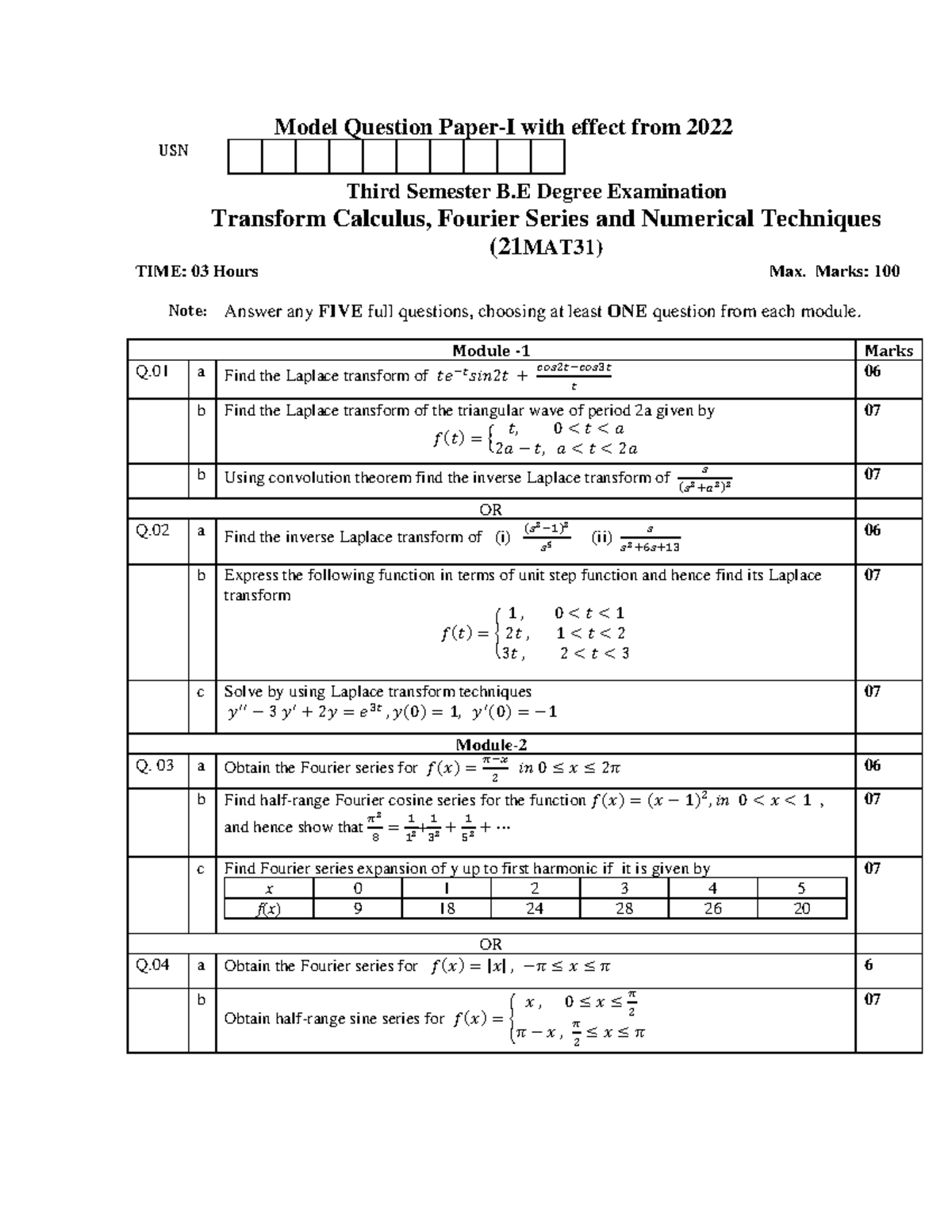 21MAT31 model question paper 1 - Model Question Paper-I with effect ...