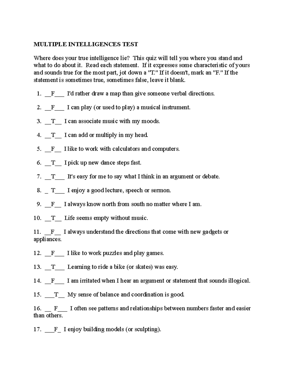 Multiple Intelligences TEST - MULTIPLE INTELLIGENCES TEST Where does ...