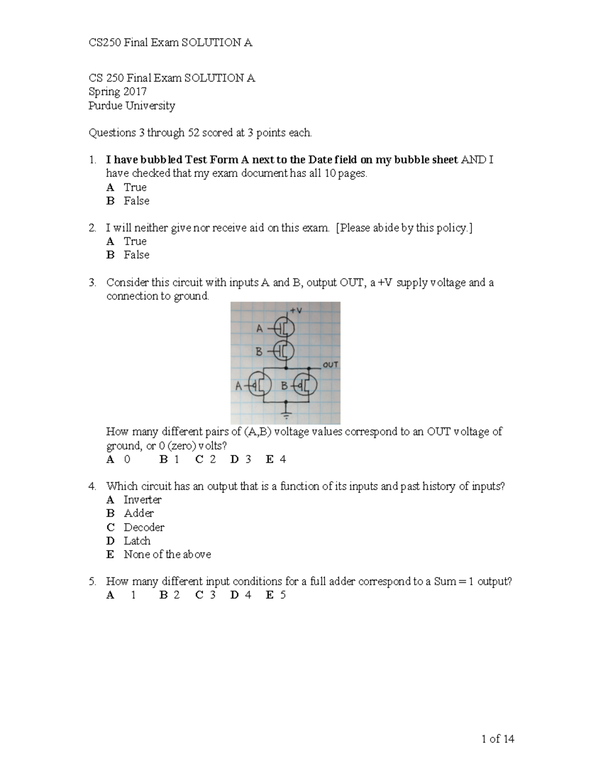 CS 250 Practice Final Exam for preparation - CS 250 Final Exam SOLUTION