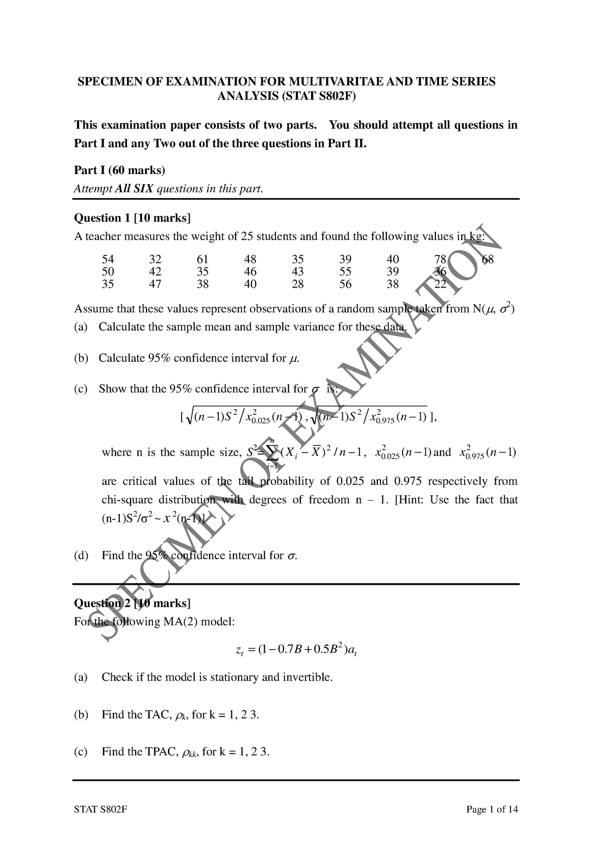 Exam 16 Questions Specimen Of Examination For Multivaritae And Time Series Analysis Stat S802f This Examination Paper Consists Of Two Parts You Should Studocu